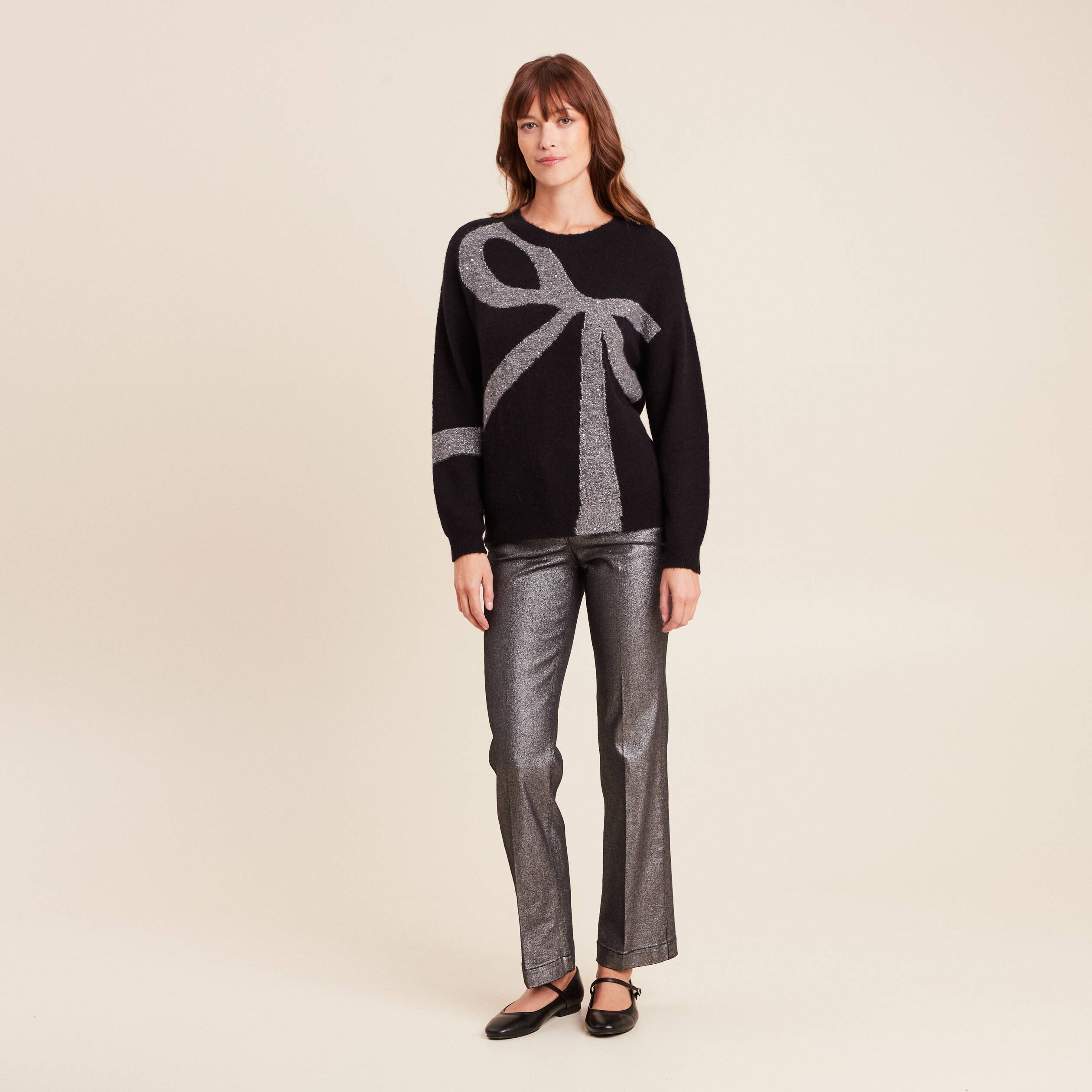 Pull col bateau manches longues noir femme