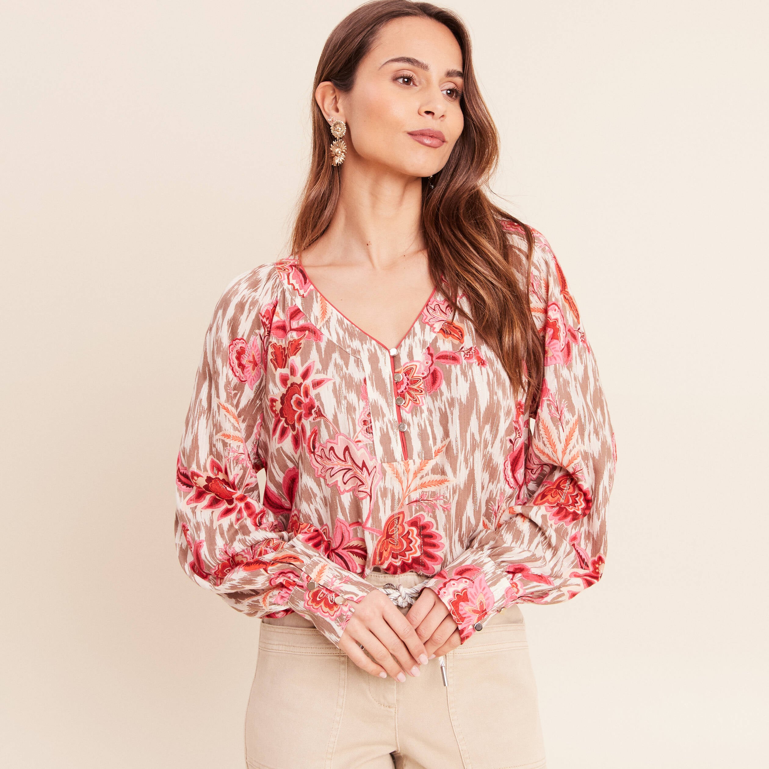 Blouse col v manches longues rose femme