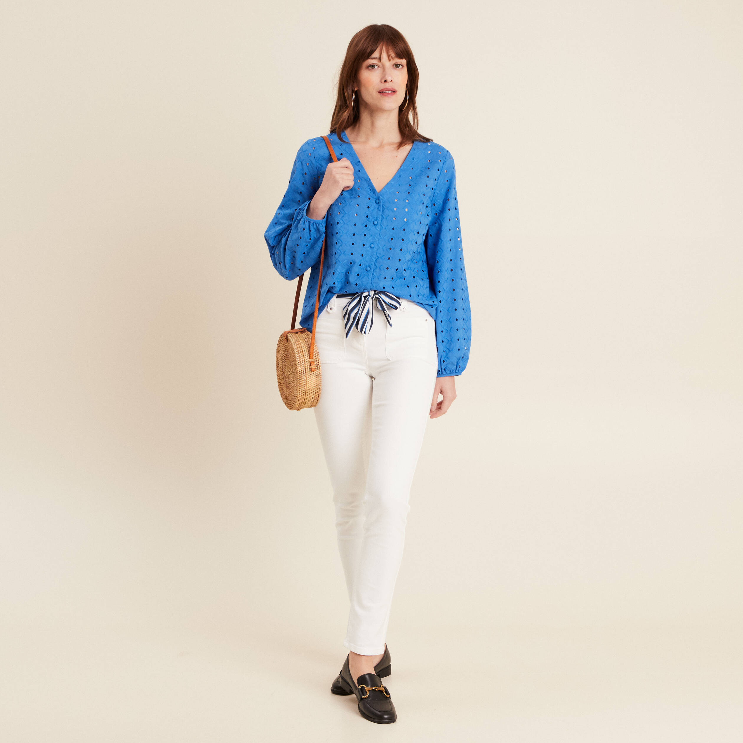chemise manches 34 brodee bleu femme Chemise manches 3/4 brodée bleu femme