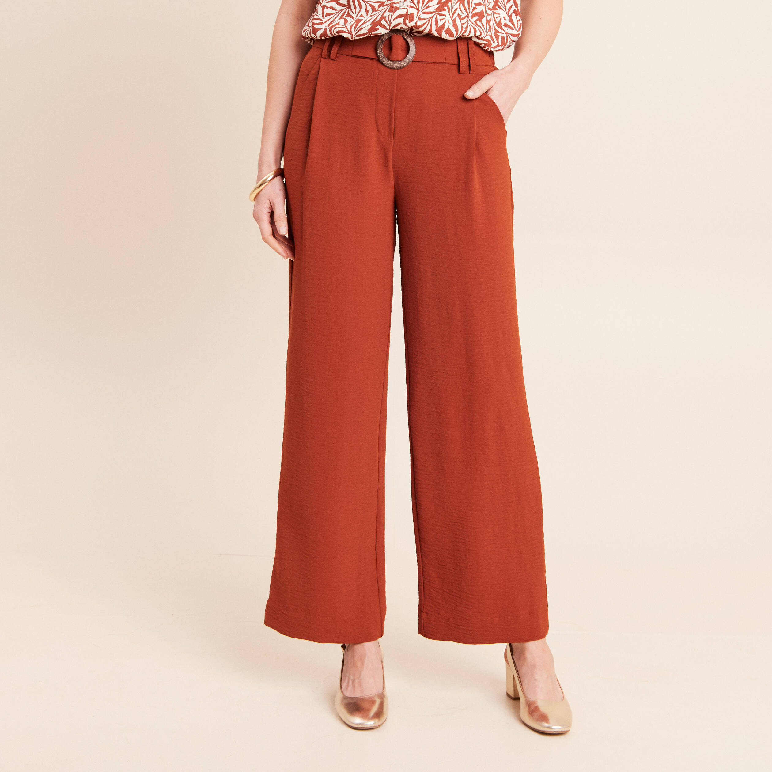 Pantalon large taille haute fluide marron fonc&eacute; femme
