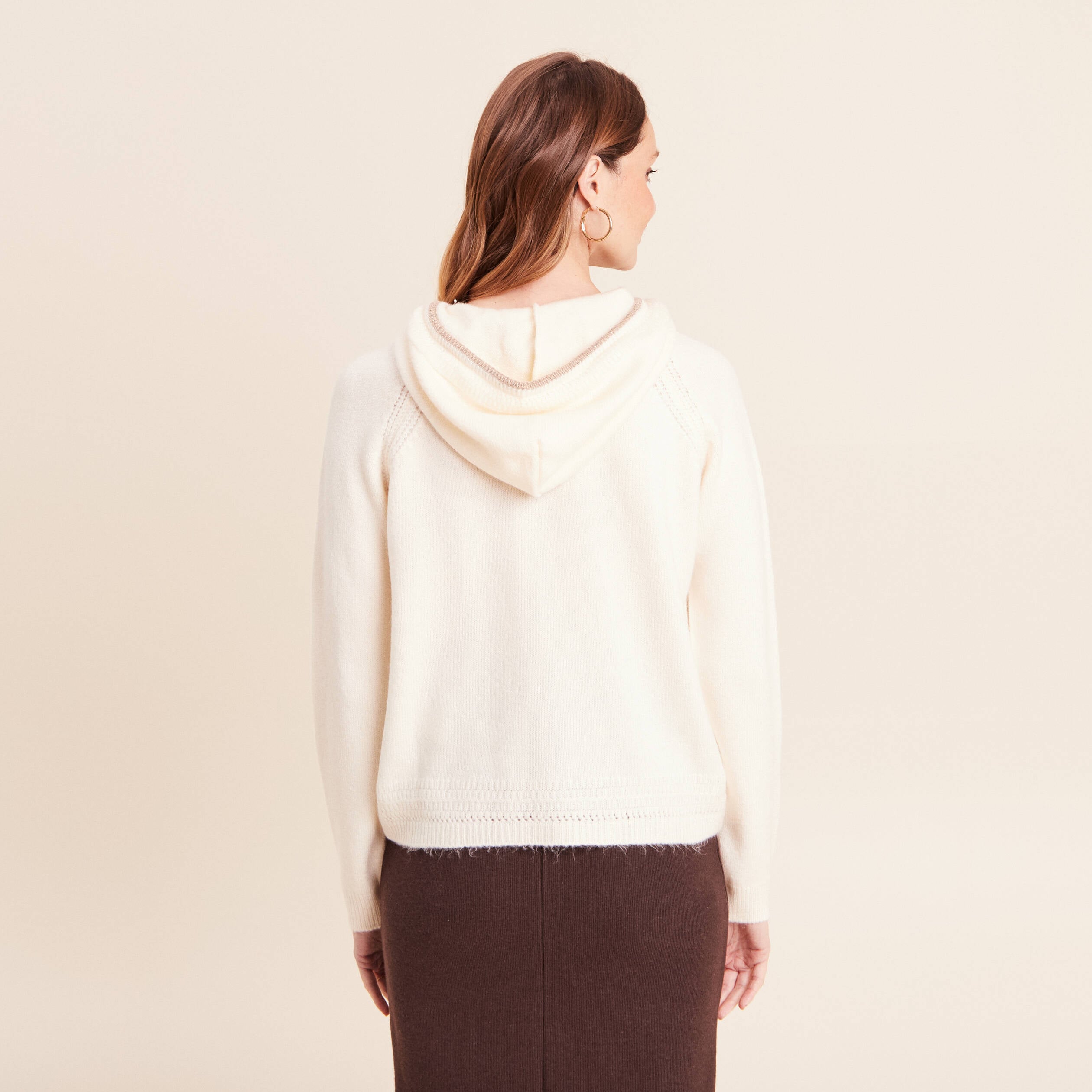 Sweat droit long &agrave; capuche ecru femme