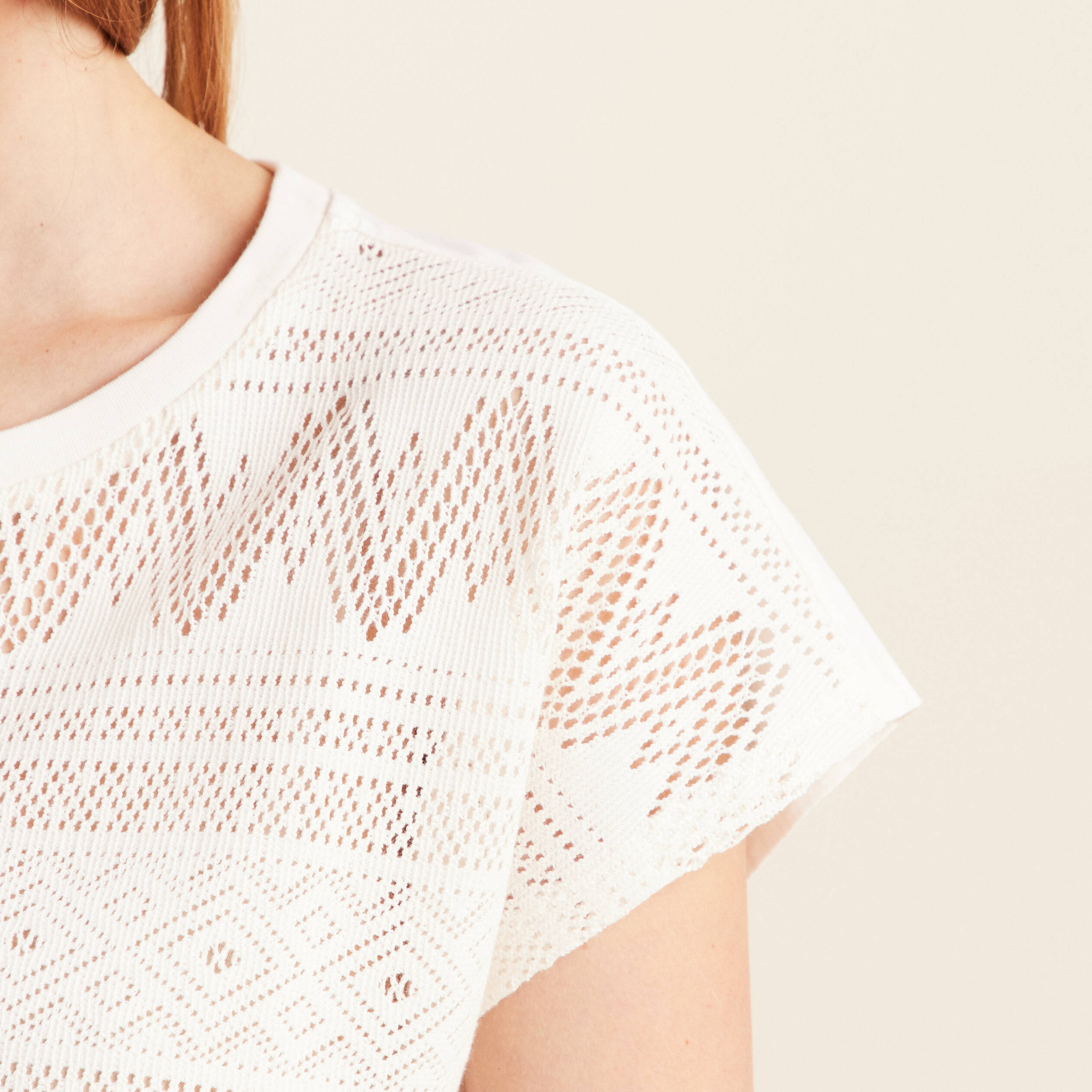 t shirt manches courtes ajoure ecru femme T-shirt manches courtes ajouré ecru femme