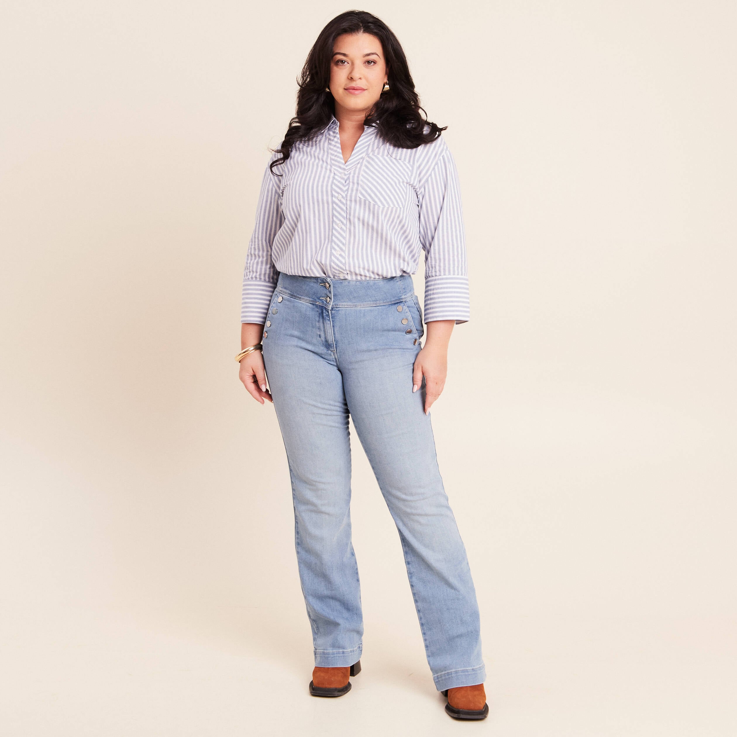 Jean coupe bootcut taille haute denim bleach femme