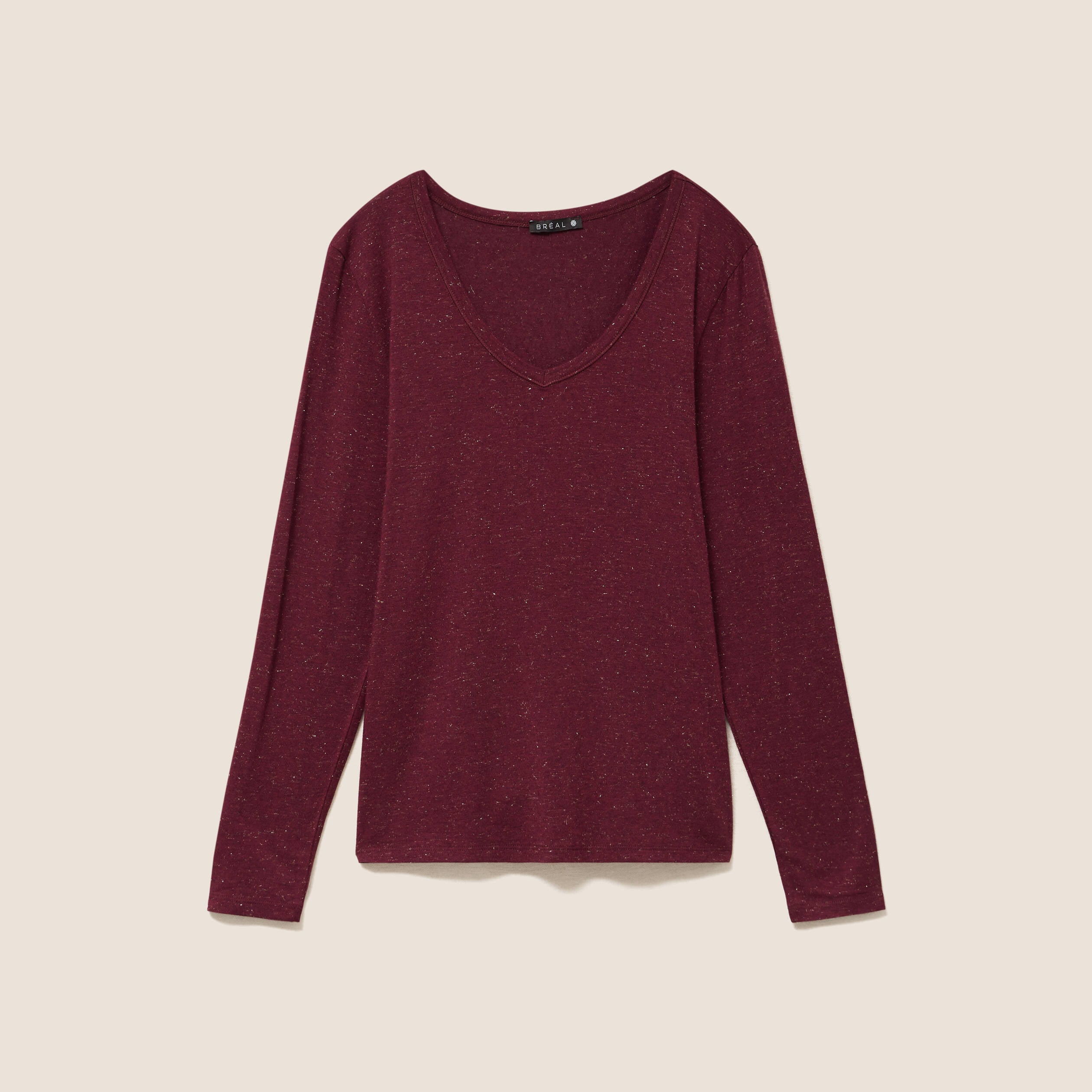 T-shirt ajust&eacute; col v manches longues bordeaux femme