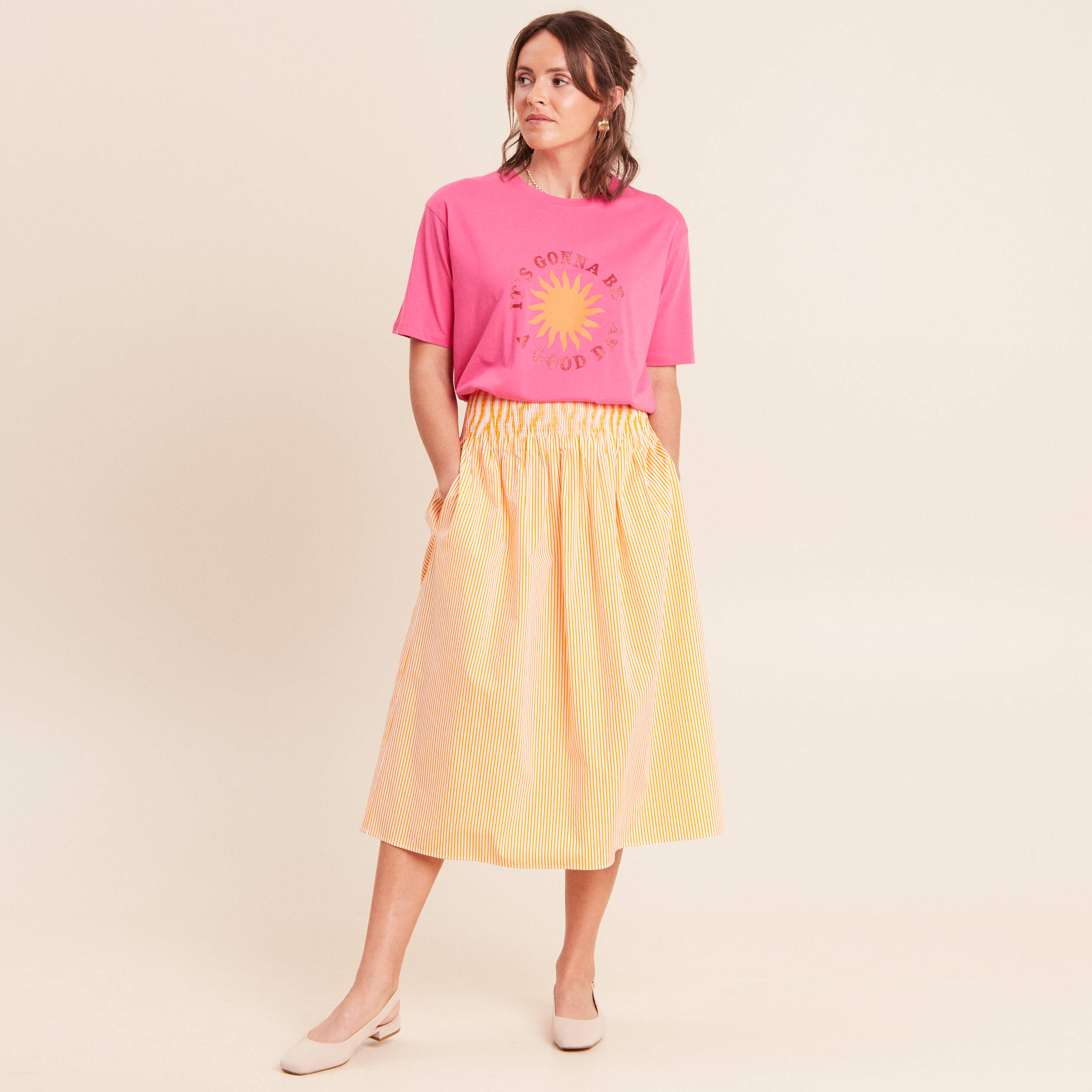 Jupe longue pliss&eacute;e orange femme