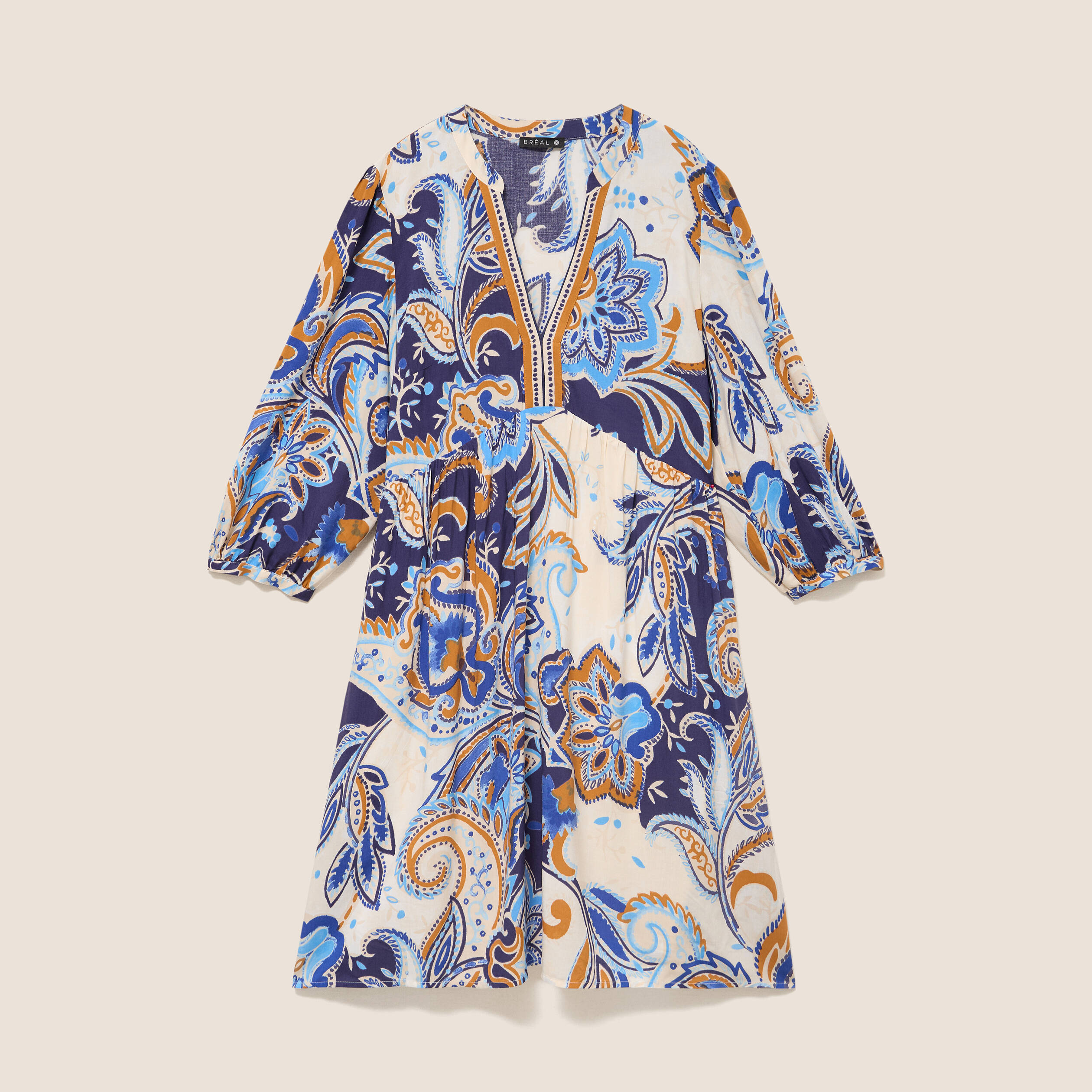 Robe courte &eacute;vas&eacute;e col v manches 3/4 bleu femme