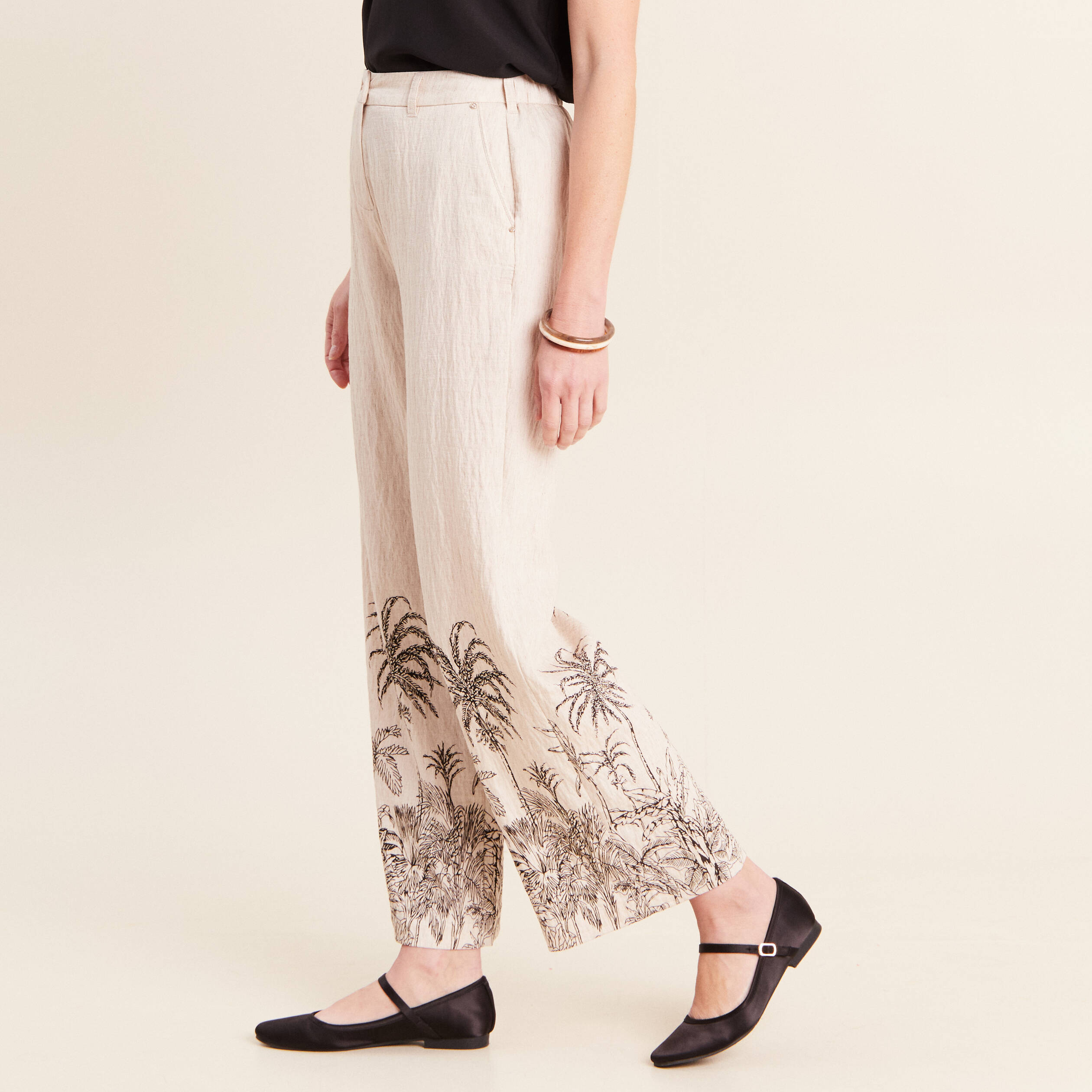 Pantalon large taille haute beige femme