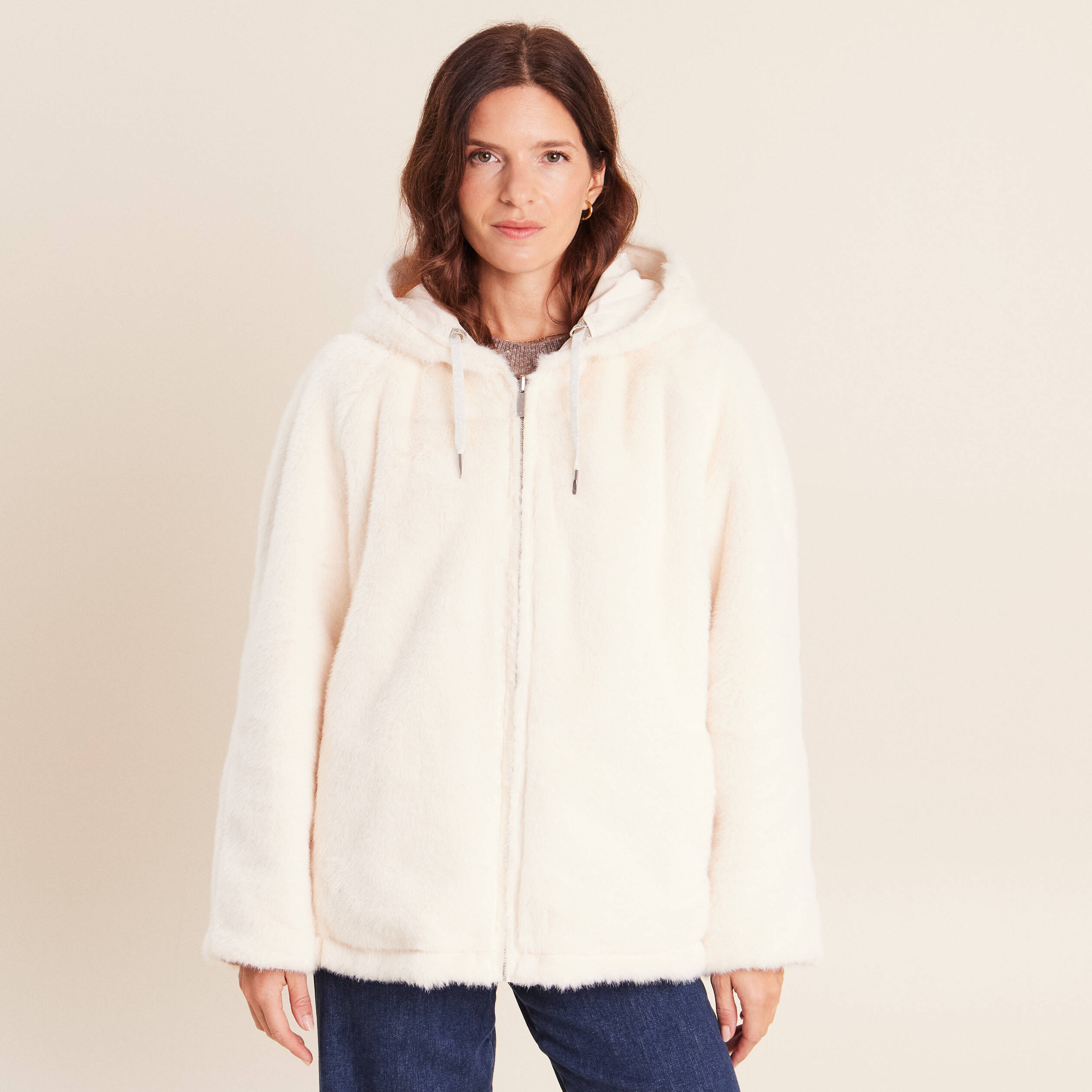 Parka r&eacute;versible courte &agrave; capuche ivoire femme