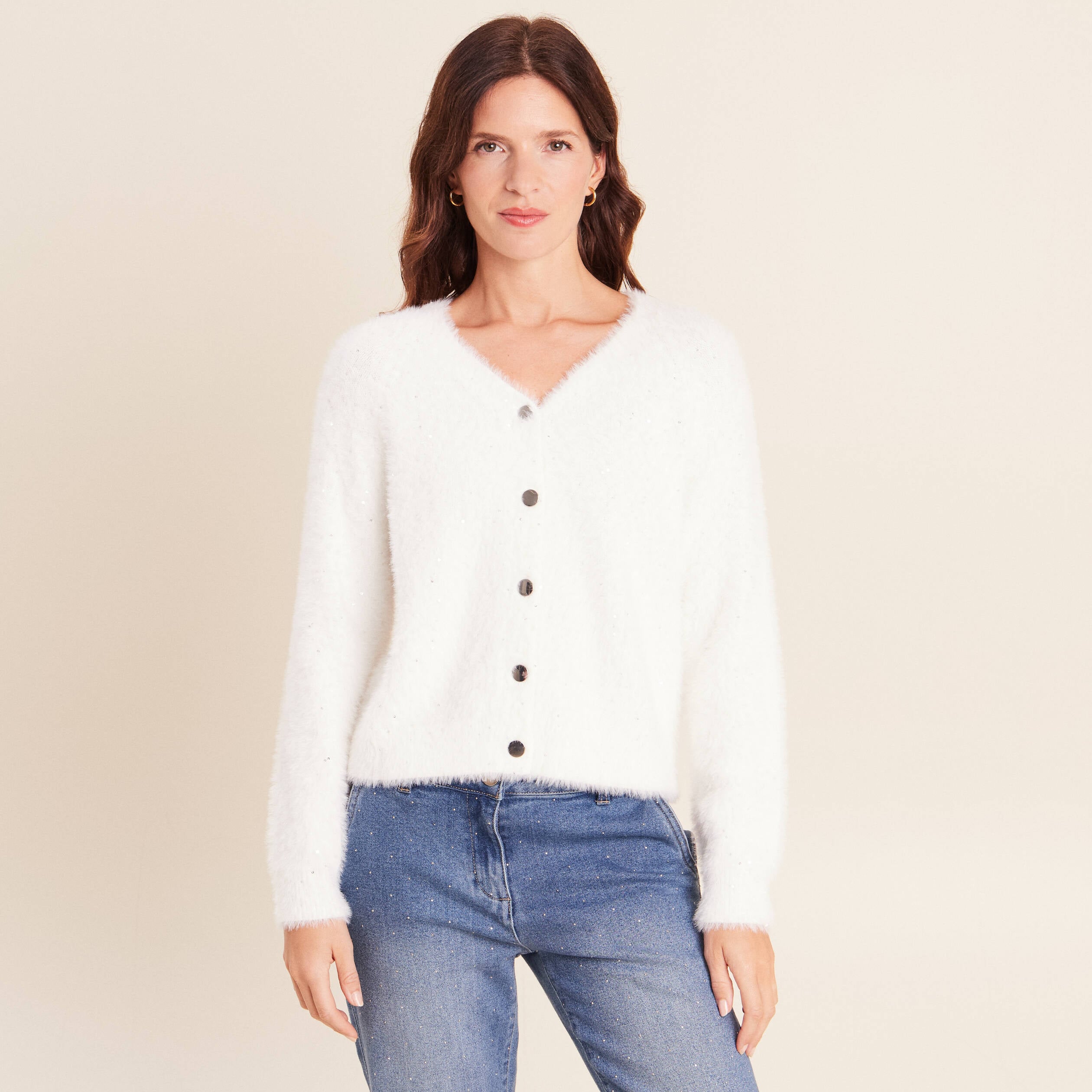 Gilet col V &agrave; sequins ecru femme