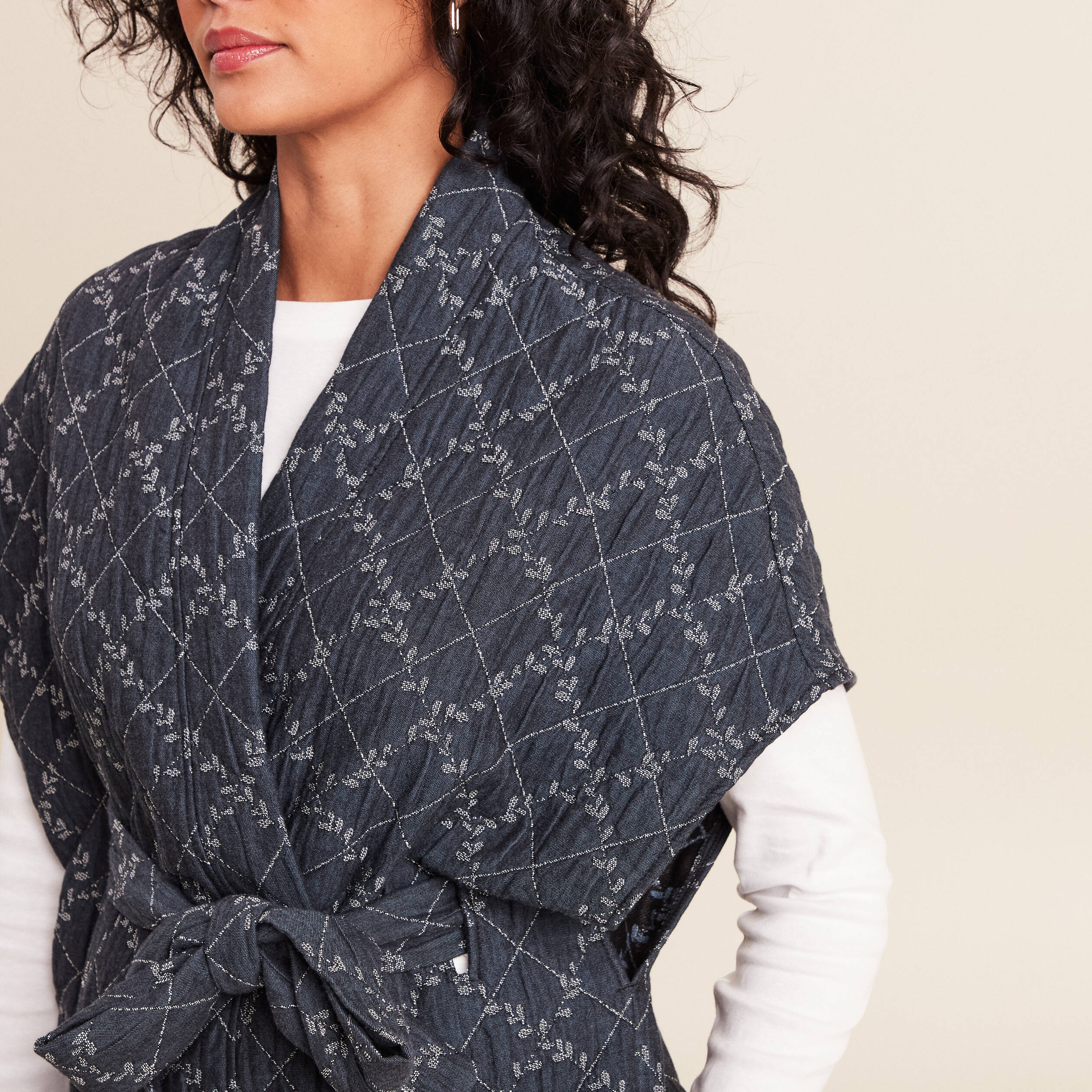 Kimono ceintur&eacute; denim stone femme