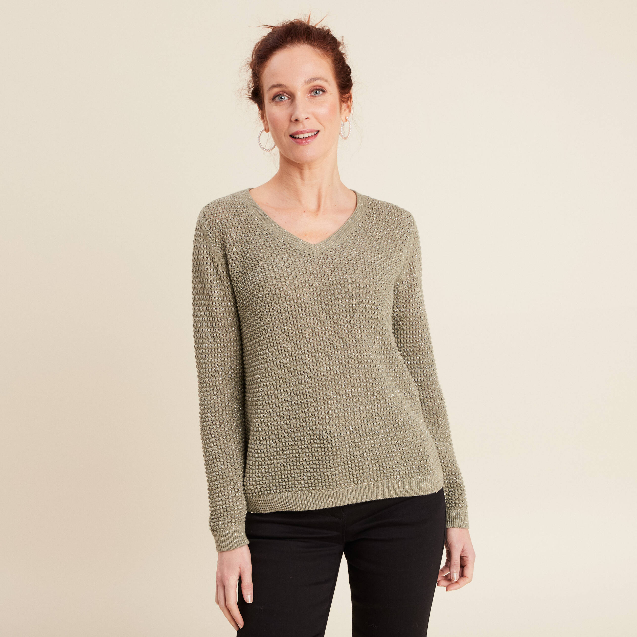 pull manches longues col en v vert clair femme Pull manches longues col en V vert clair femme