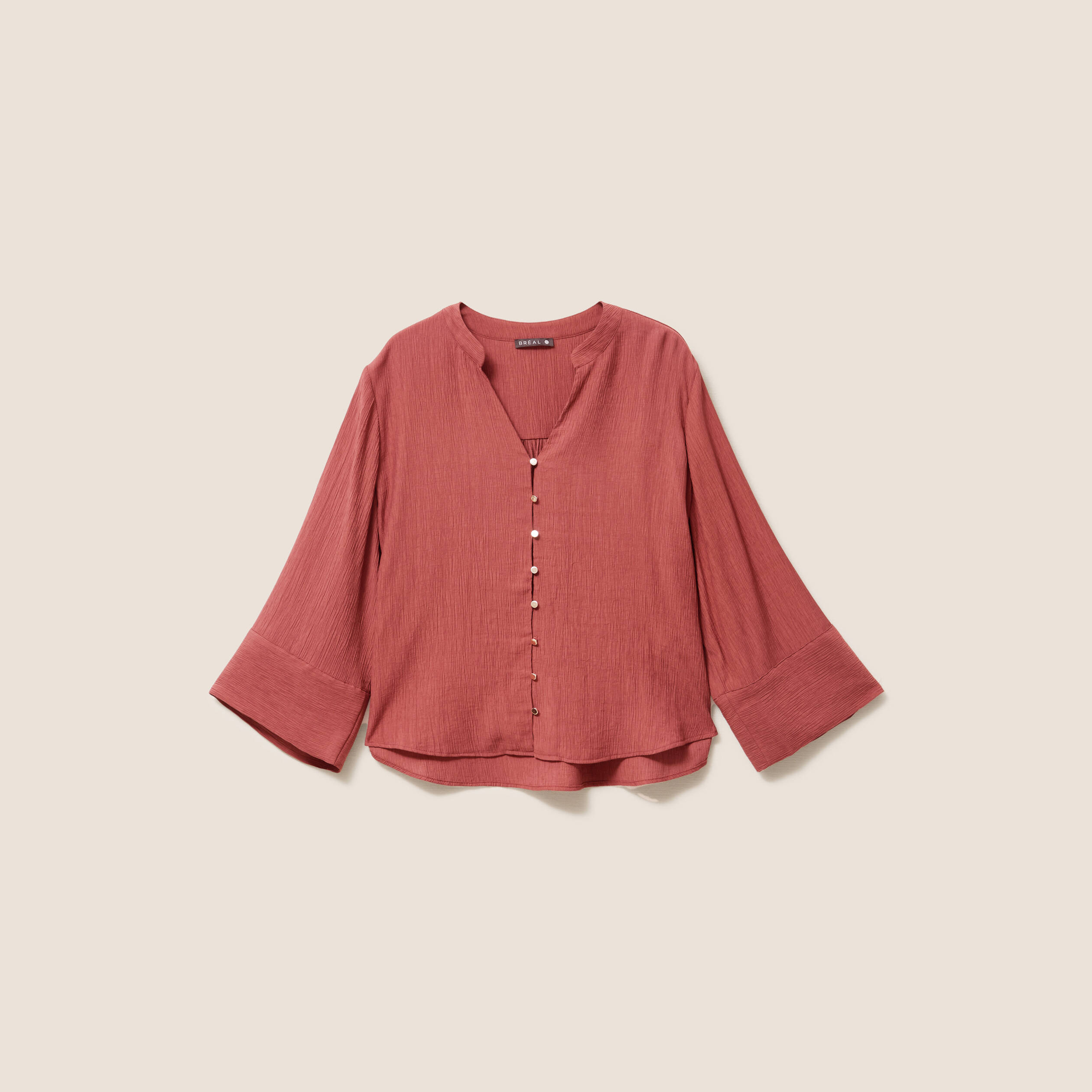 Blouse col v manches 3/4 fluide marron cognac femme