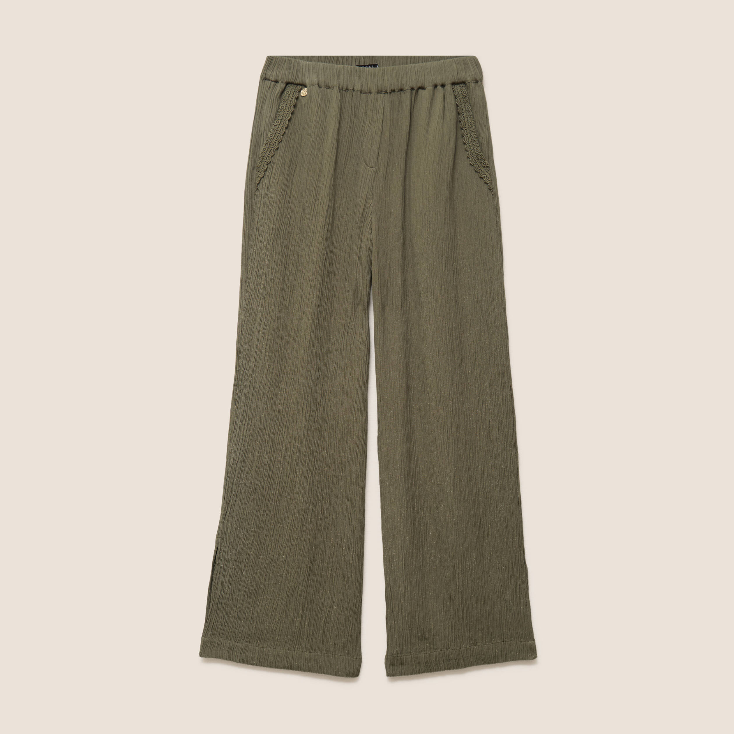 Pantalon large taille haute pliss&eacute; vert kaki femme
