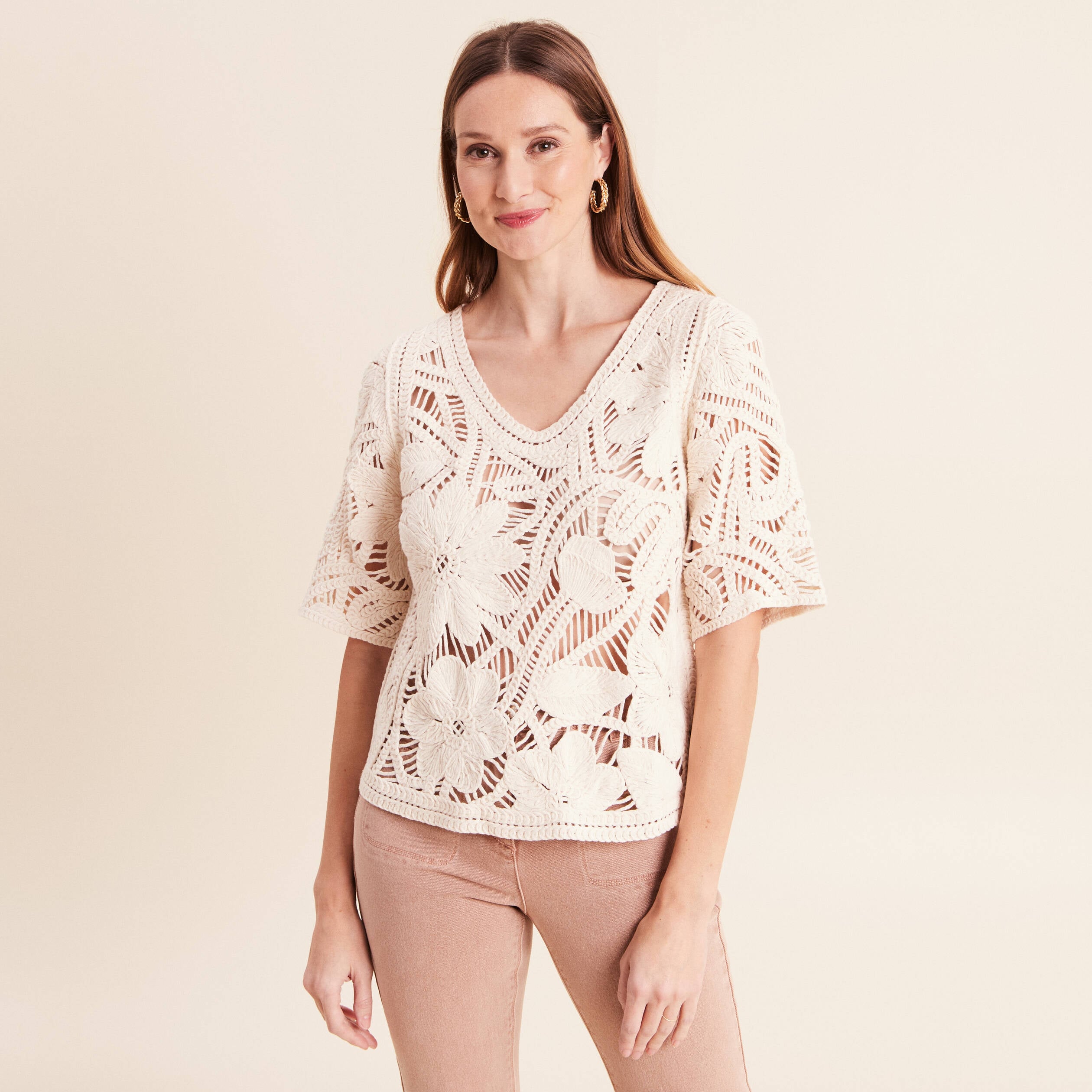 Pull col v manches courtes dentelle ecru femme