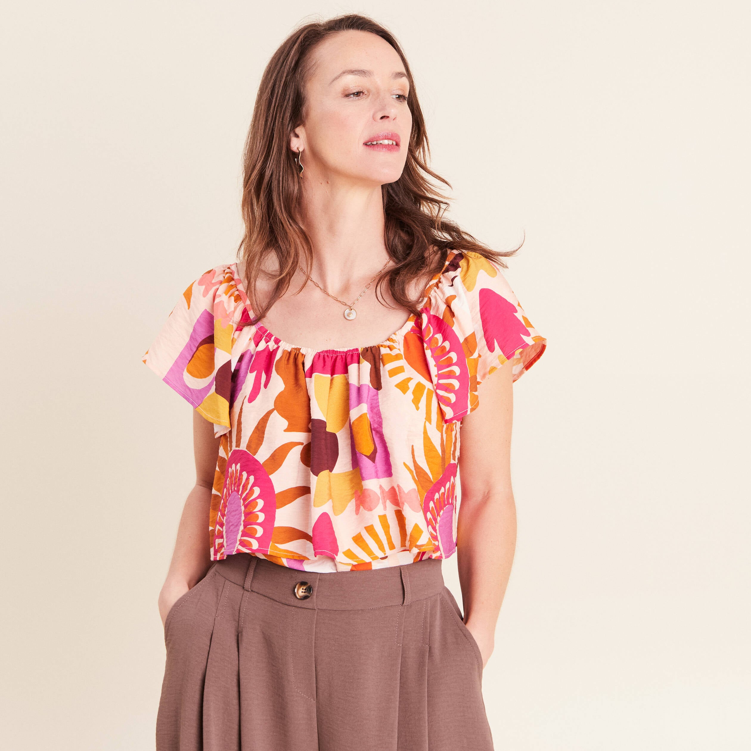 Blouse col v manches courtes fluide multicolore femme