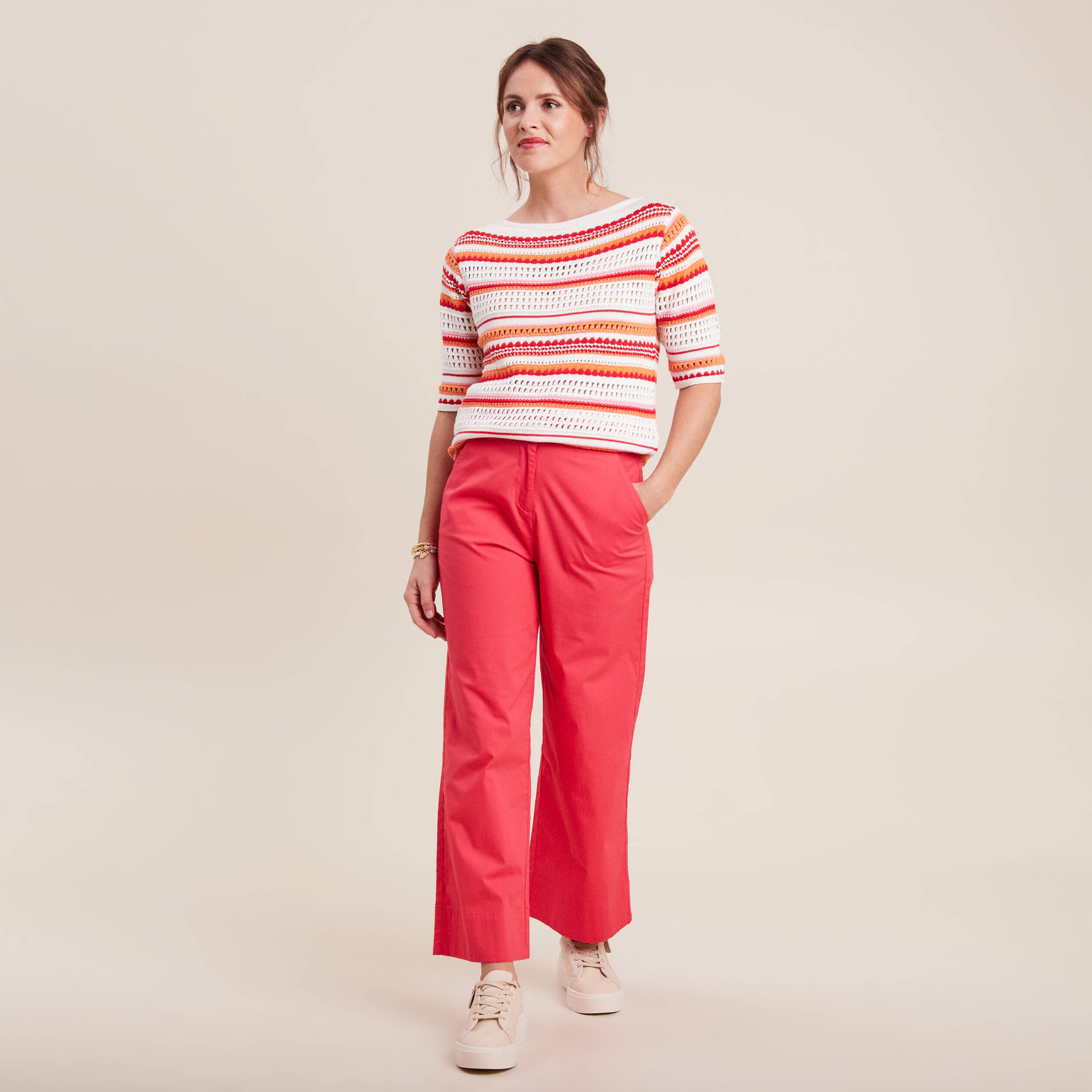 pull manches 34 ajoure orange femme Pull manches 3/4 ajouré orange femme