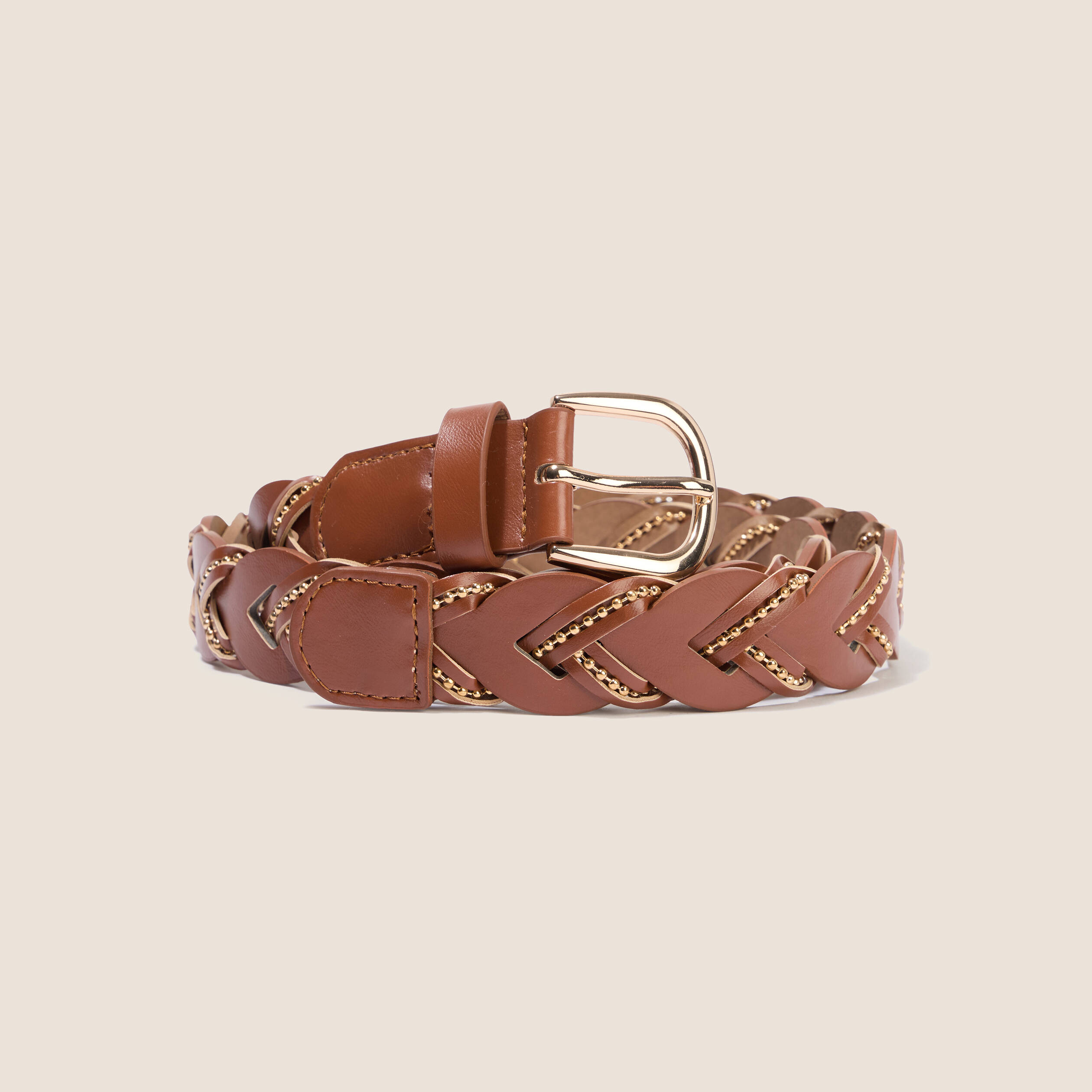 Ceinture large tress&eacute;e avec cha&icirc;ne camel femme