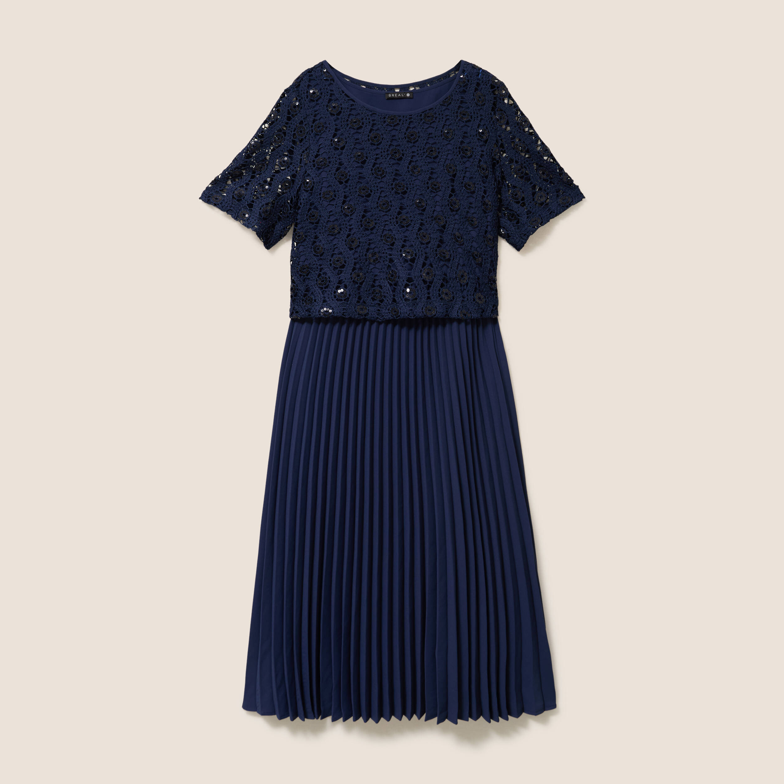 Robe 2 en 1 pliss&eacute;e col rond bleu marine femme