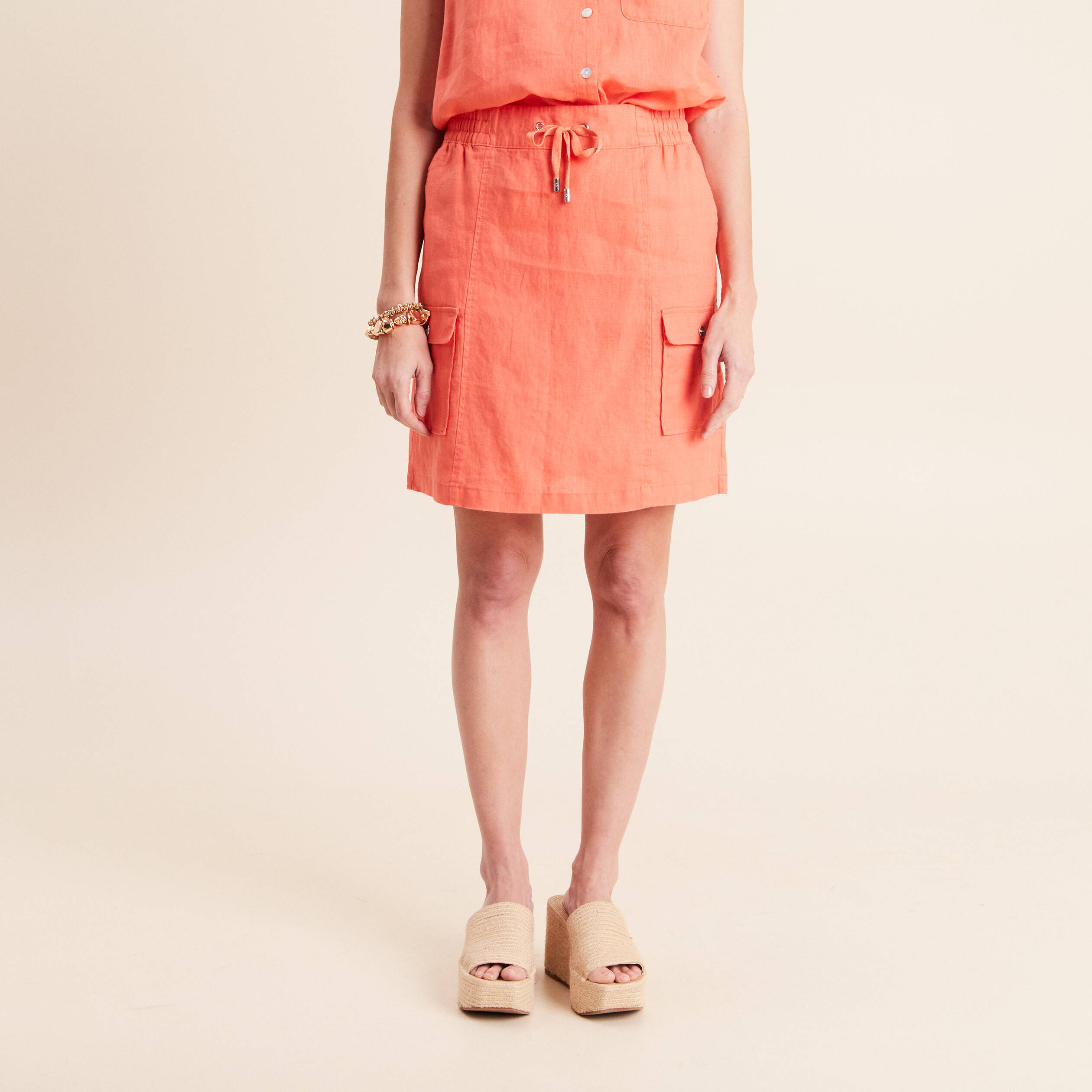 Jupe standard aspect lin orange fluo femme