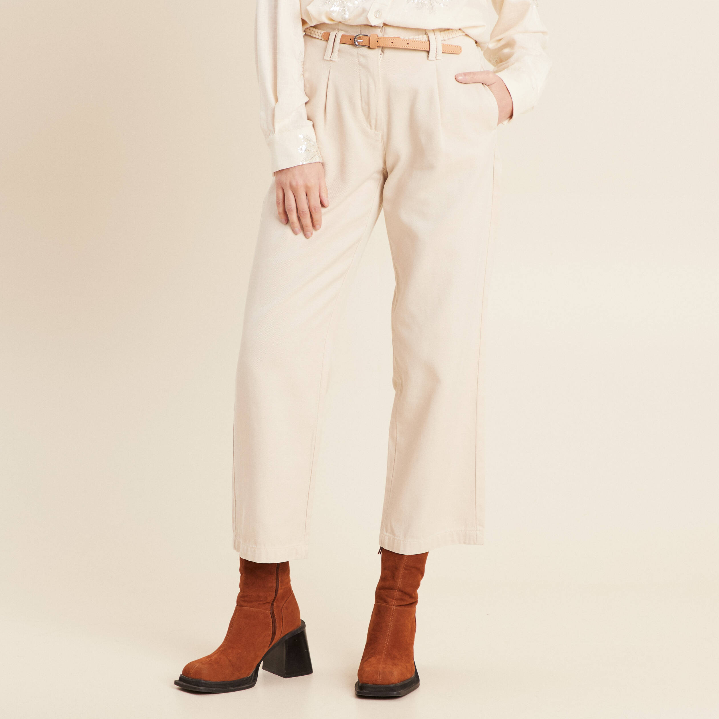 pantalon large 78eme a pinces ivoire femme Pantalon large 7/8ème à pinces ivoire femme