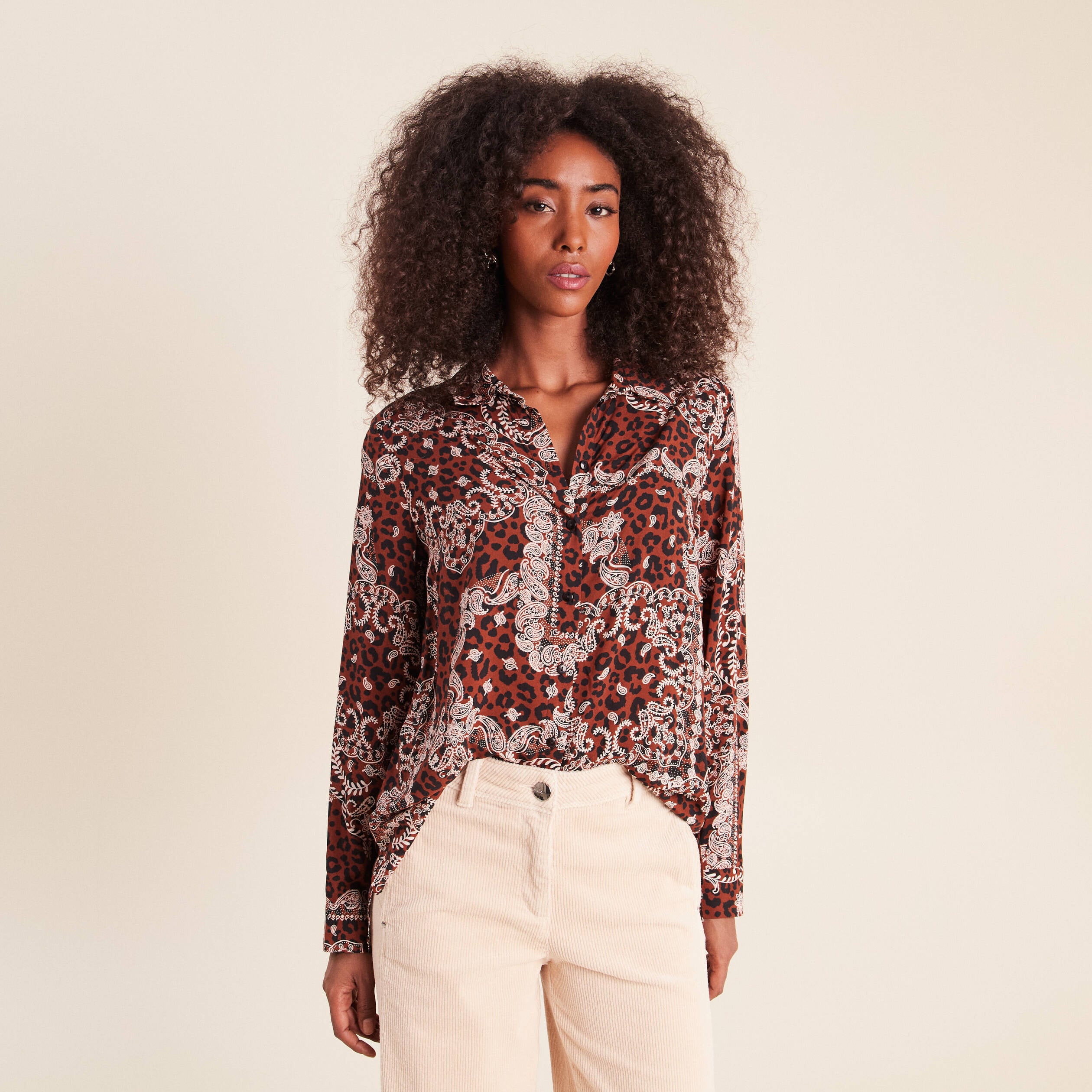 Chemise fluide manches longues marron femme