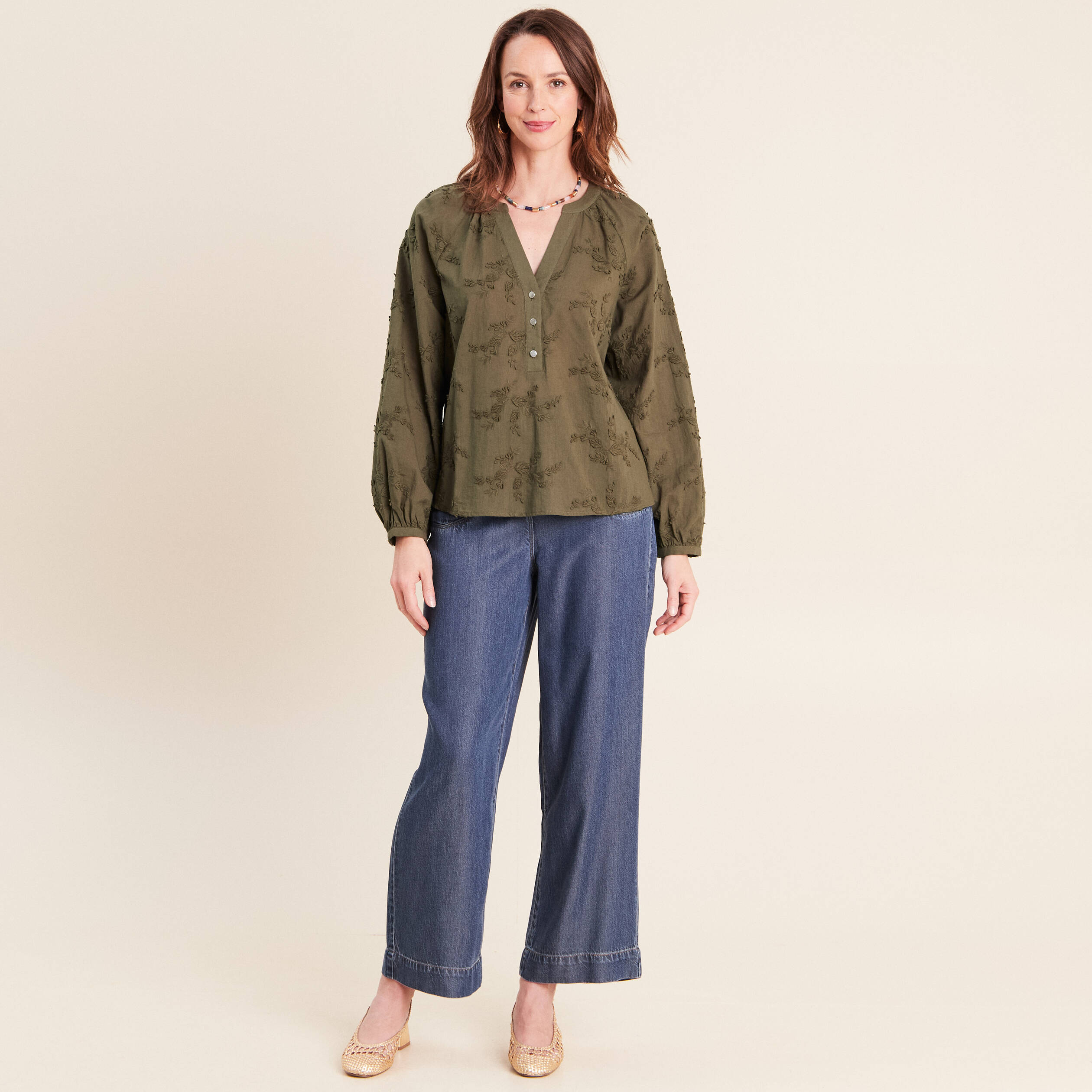 Blouse ample manches longues fluide vert kaki femme