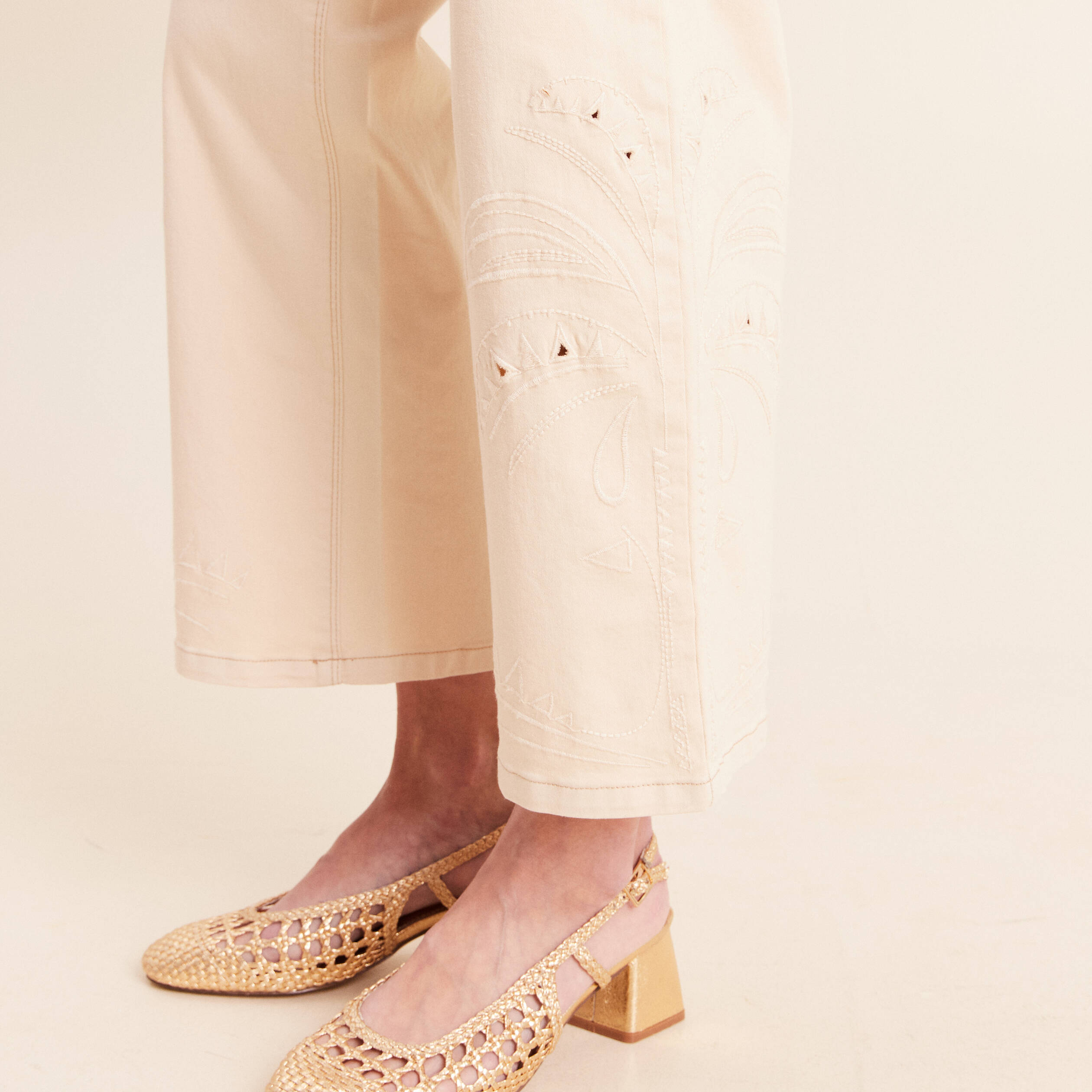 Pantalon 7/8&egrave;me coupe large ivoire femme