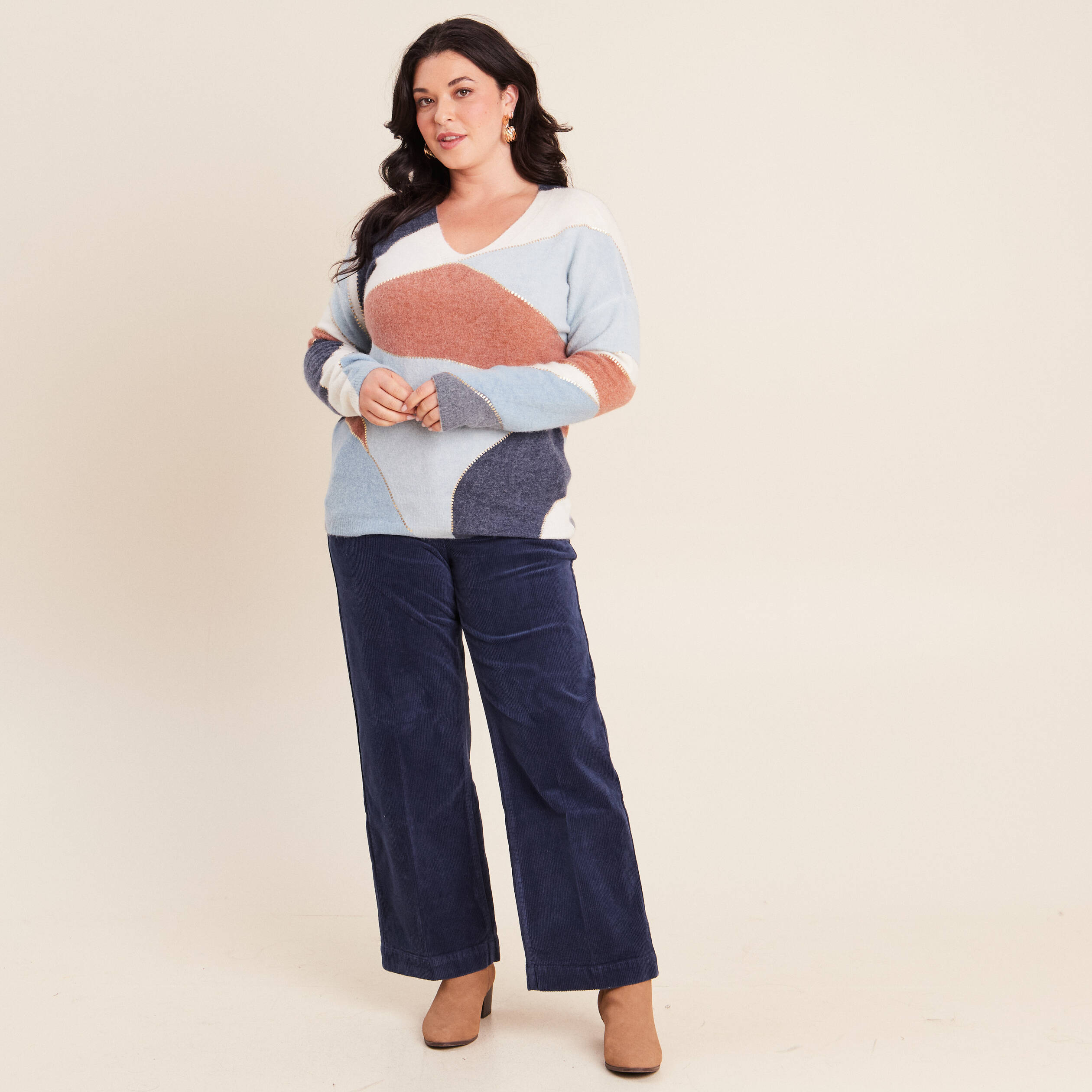 Pantalon large velours c&ocirc;tel&eacute; bleu marine femme