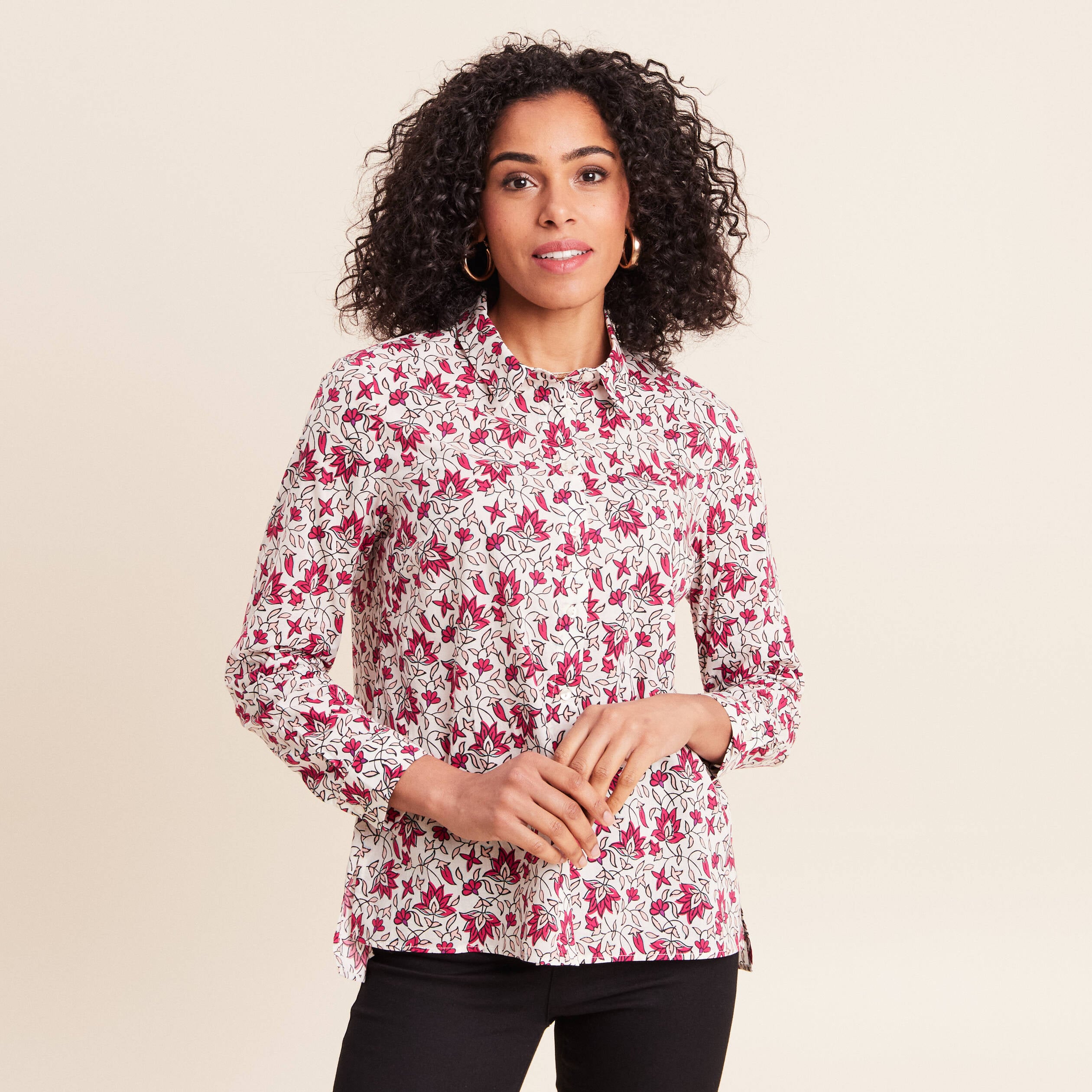 Chemise droite manches longues fluide rose femme
