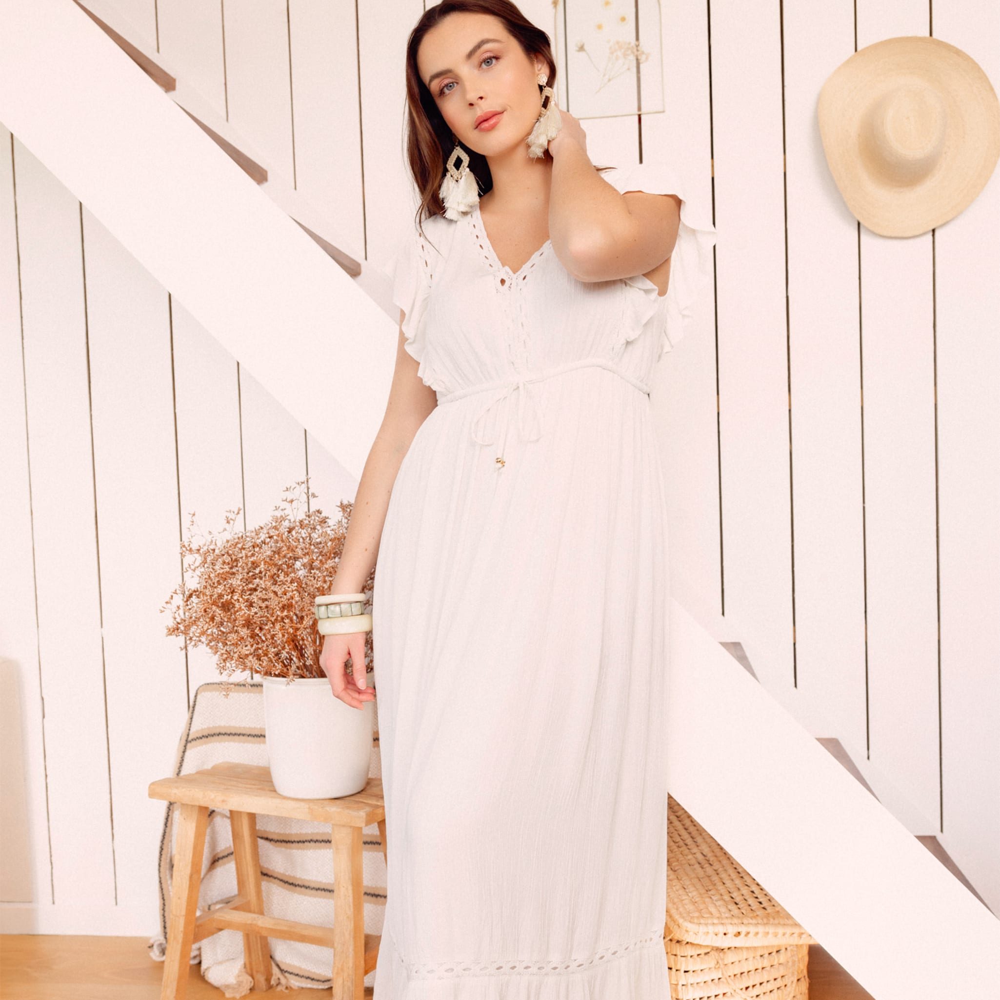 robe longue evasee a volants ecru femme Robe longue évasée à volants ecru femme