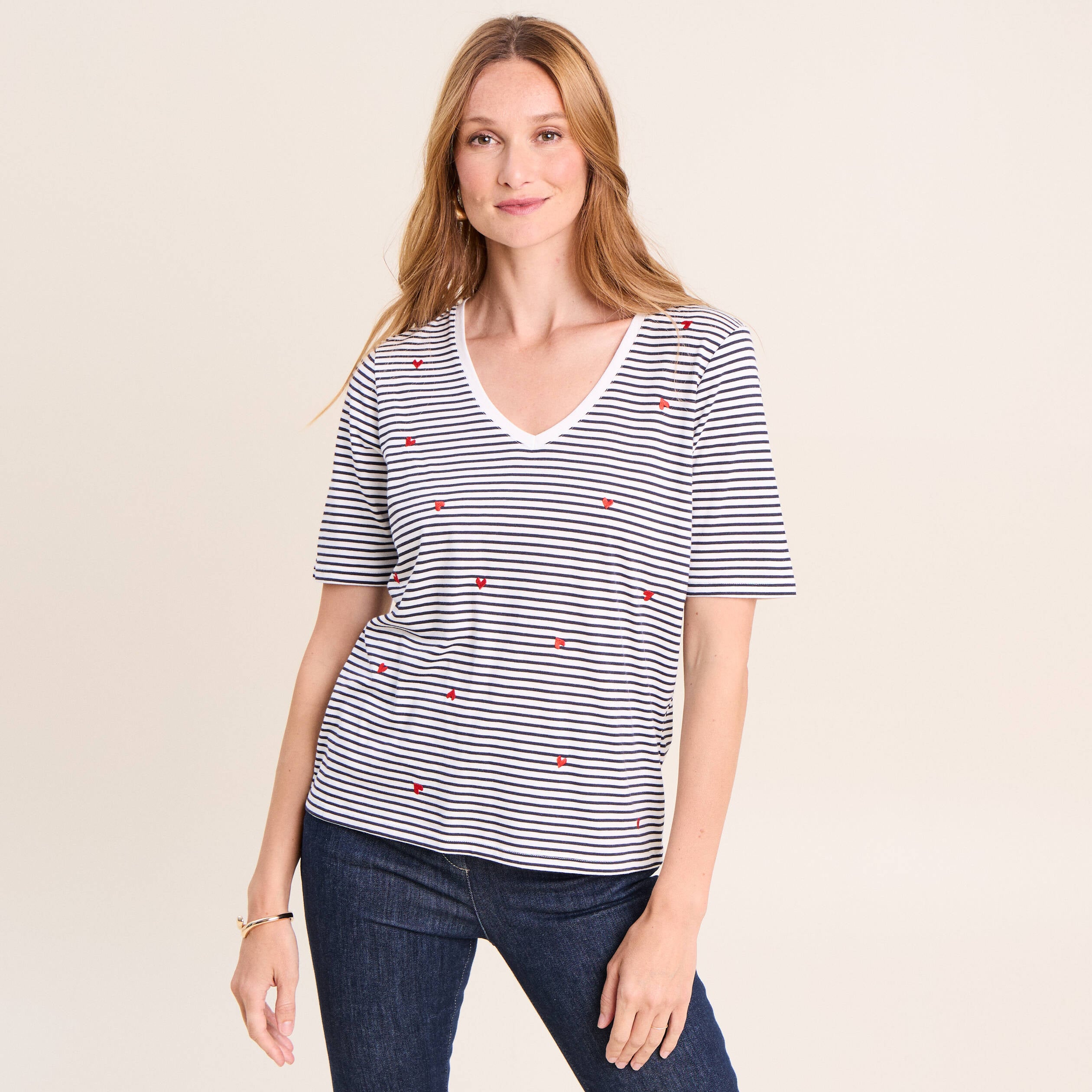 T-shirt droit broderie manches courtes bleu femme