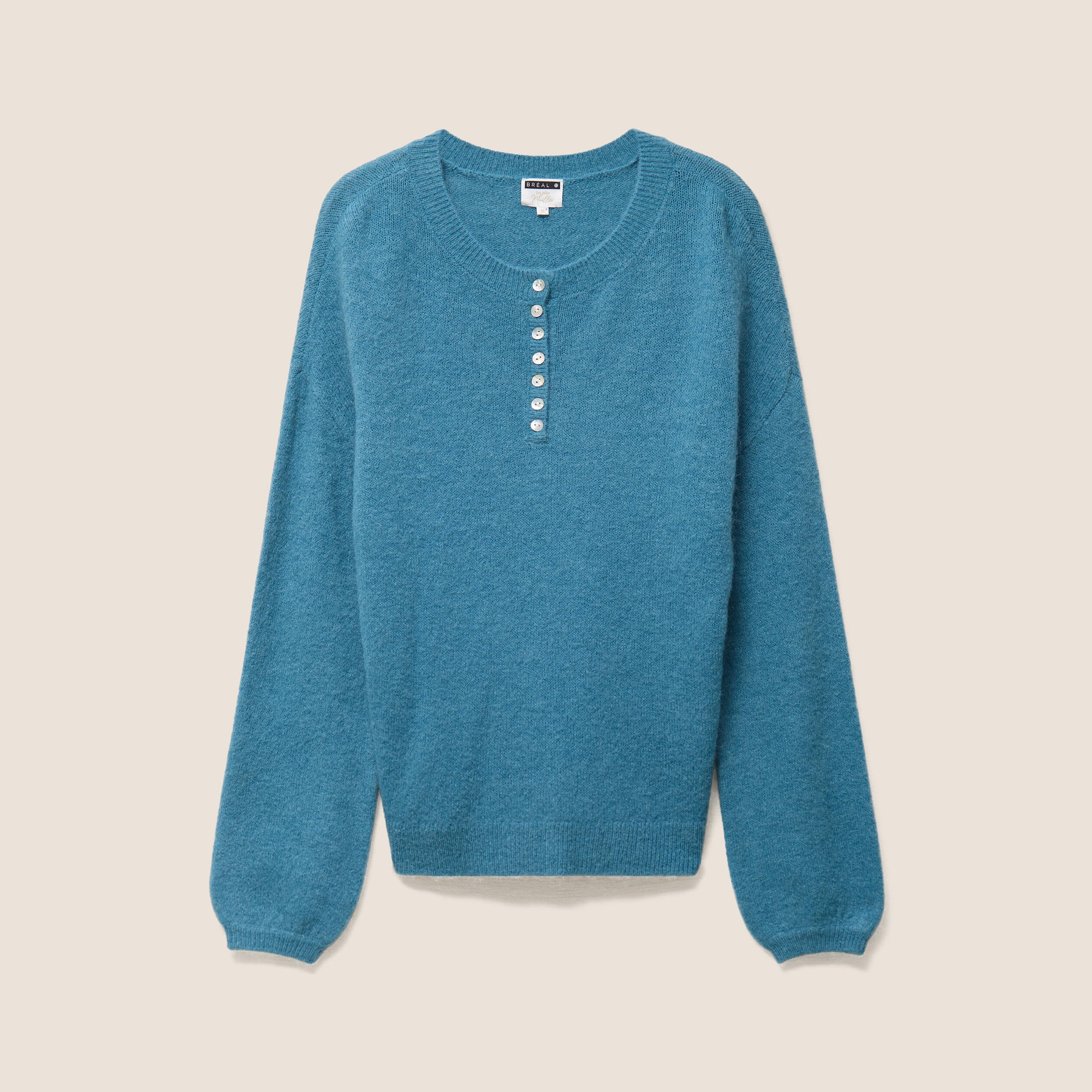 Pull col tunisien bleu p&eacute;trole femme