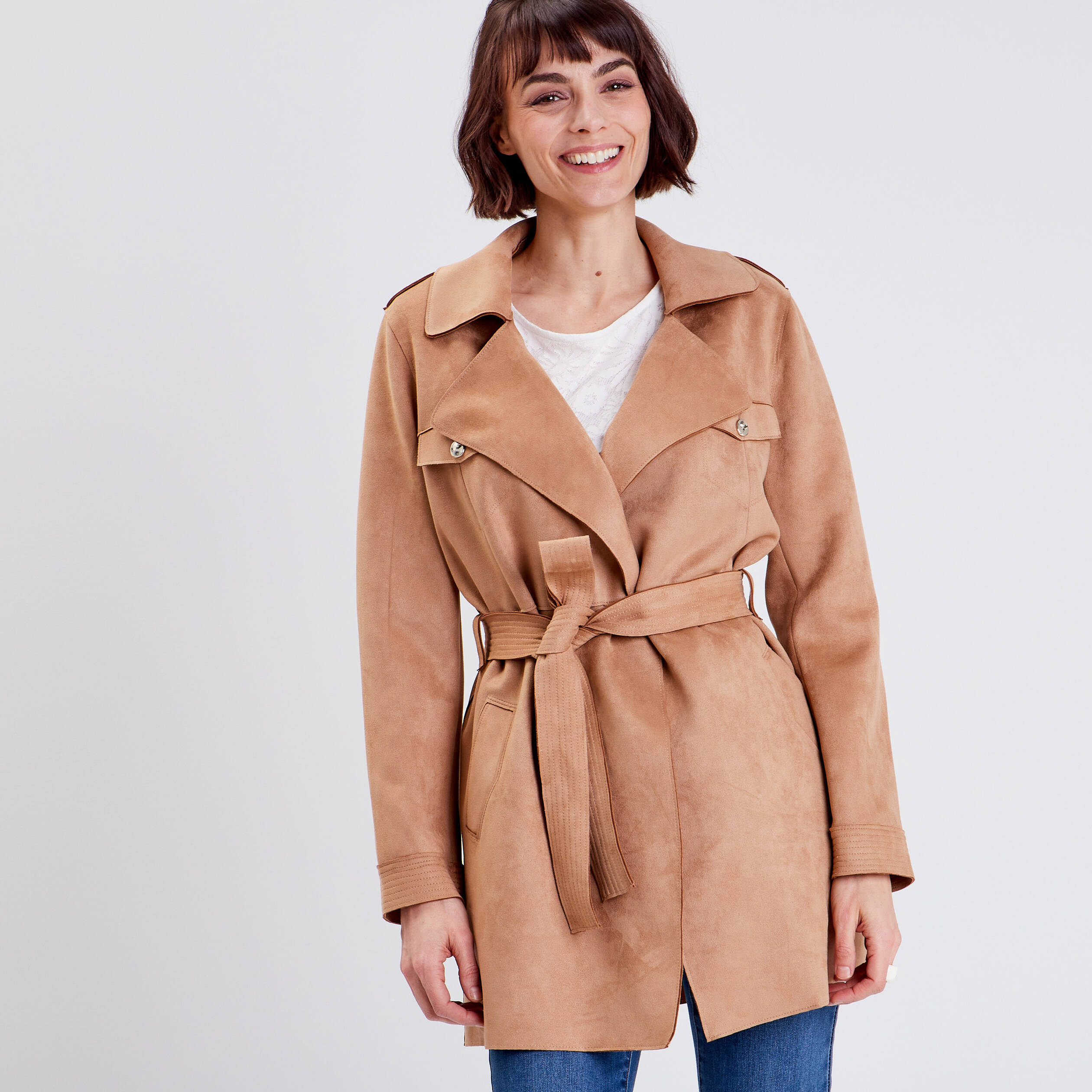 trench droit effet suedine marron femme Trench droit effet suédine marron femme