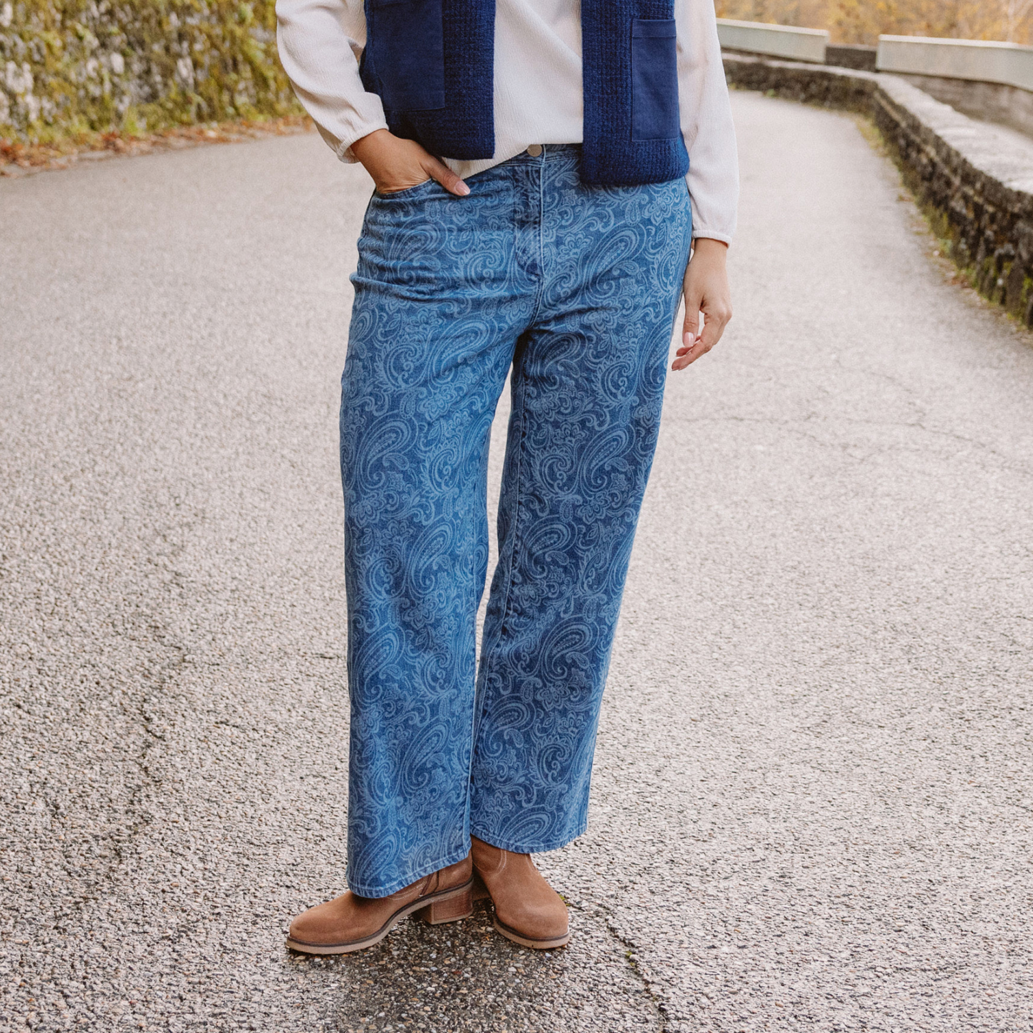 Jean droit 7/8&egrave;me taille bascul&eacute;e denim stone femme