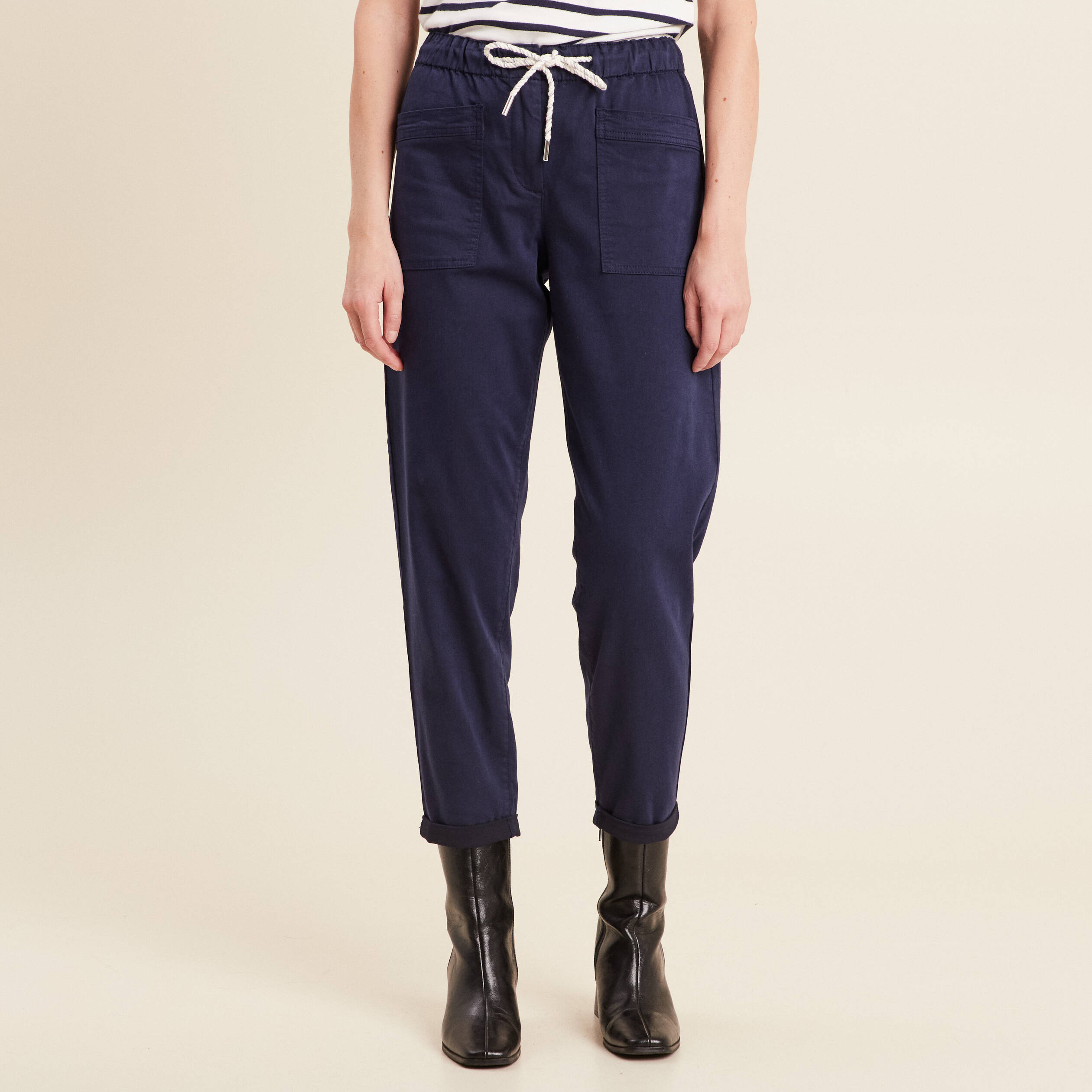 pantalon coupe droite a coulisse bleu marine femme Pantalon coupe droite à coulisse bleu marine femme