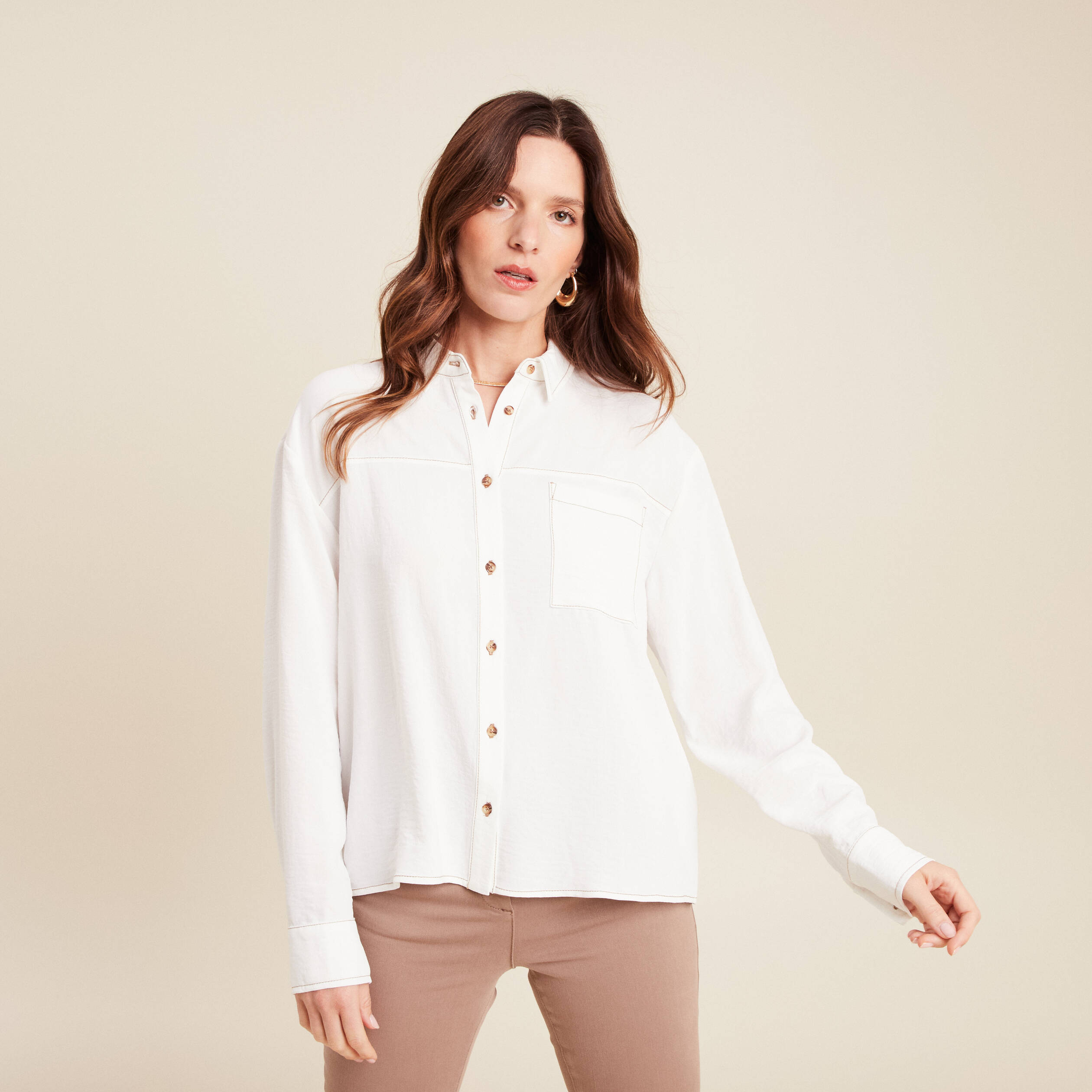 Chemise fluide manches longues ecru femme Vibs