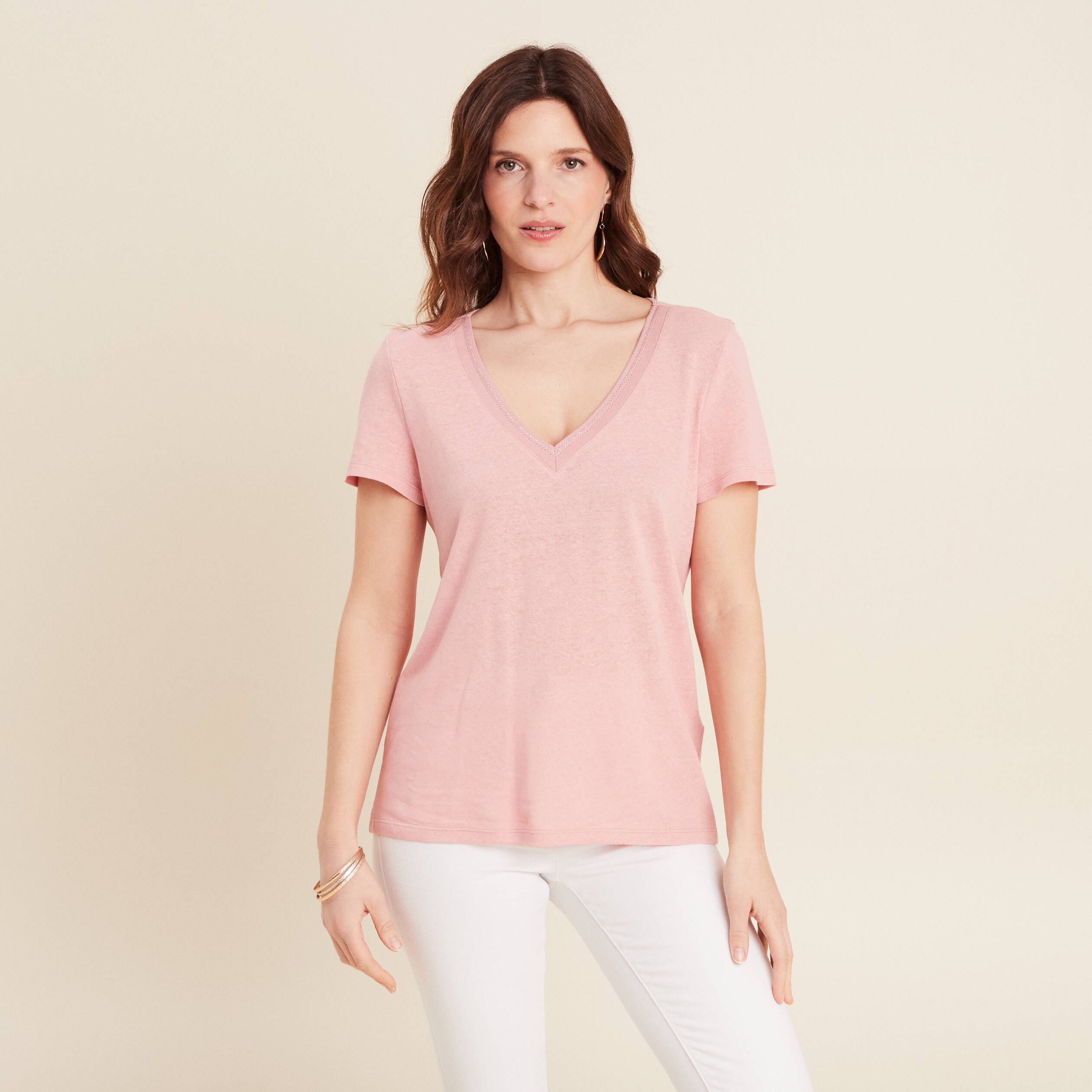 t shirt manches courtes col en v vieux rose femme T-shirt manches courtes col en V vieux rose femme