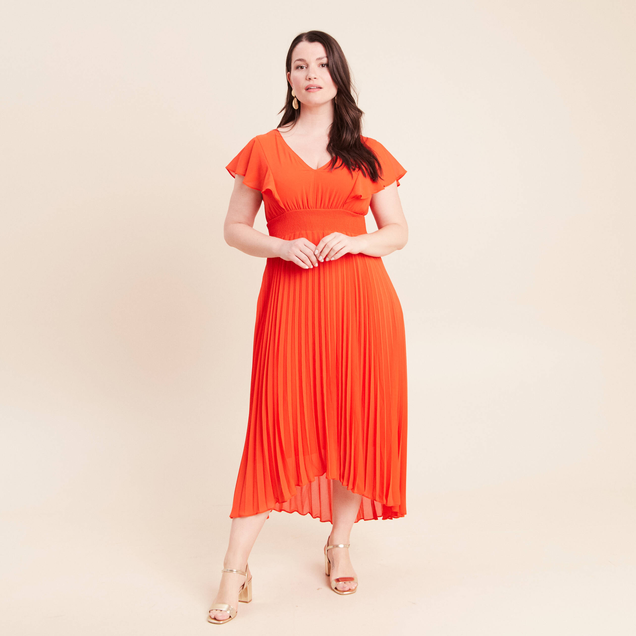 Robe longue &eacute;vas&eacute;e &agrave; volants orange fonc&eacute; femme