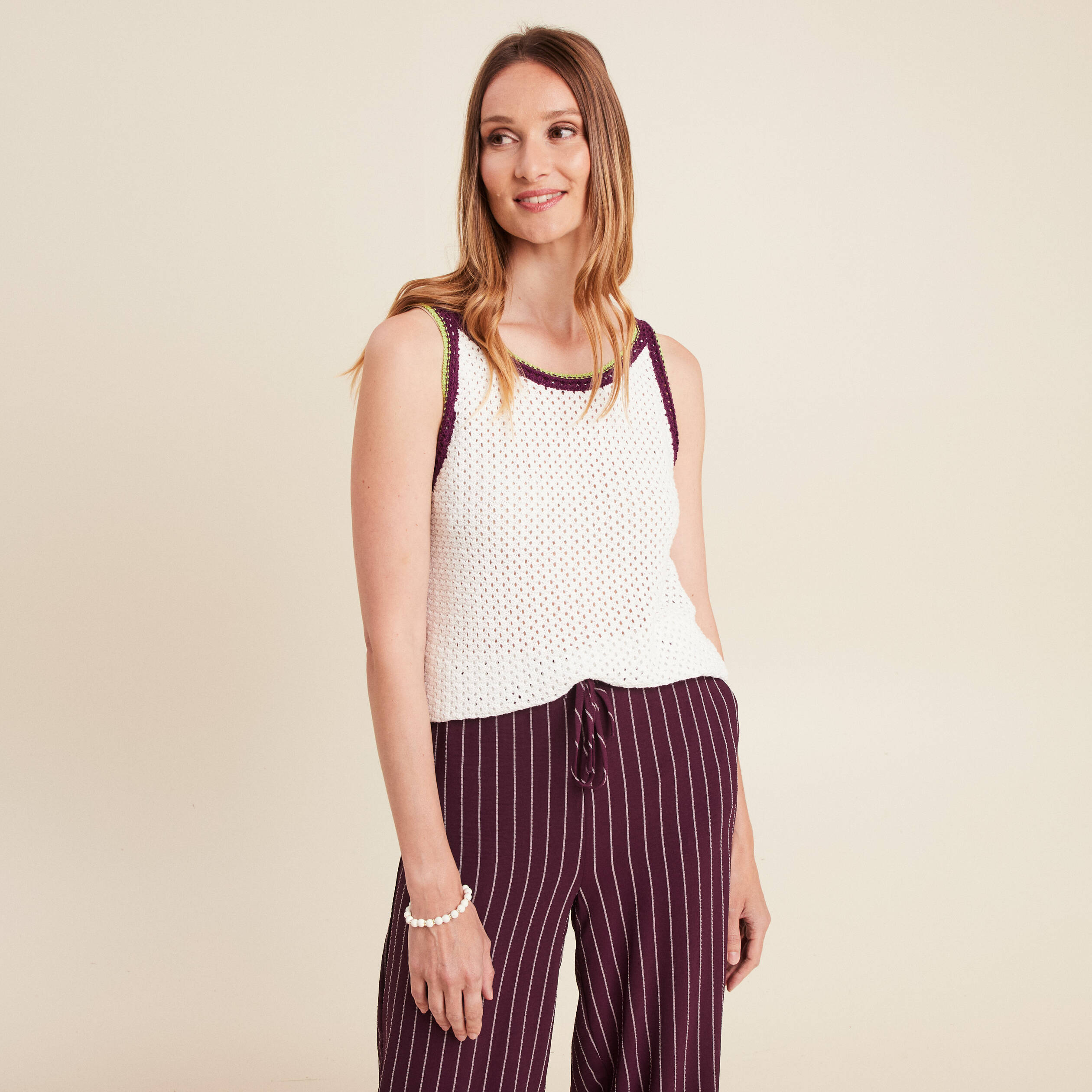 debardeur col rond a fines bretelles ecru femme Débardeur col rond à fines bretelles ecru femme