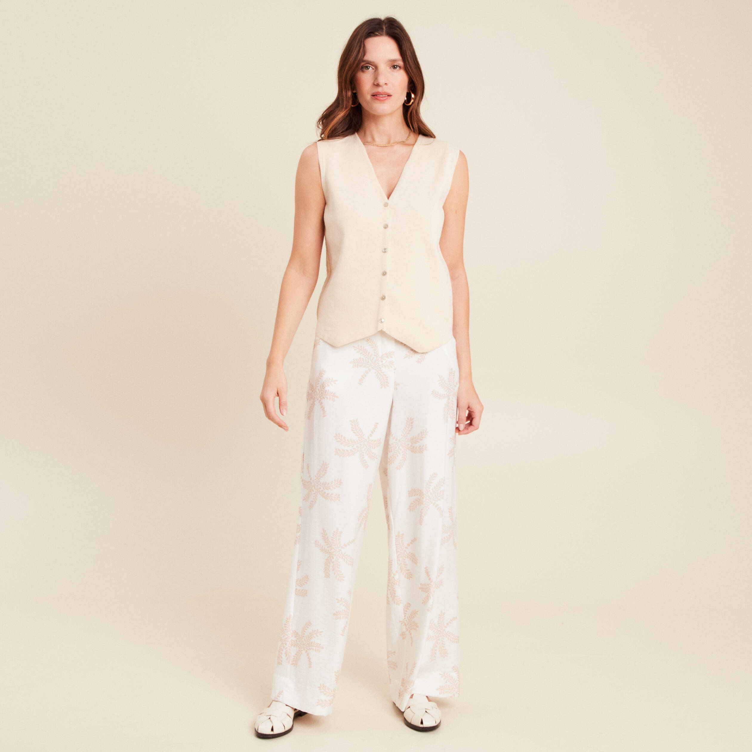 Pantalon large taille haute beige femme