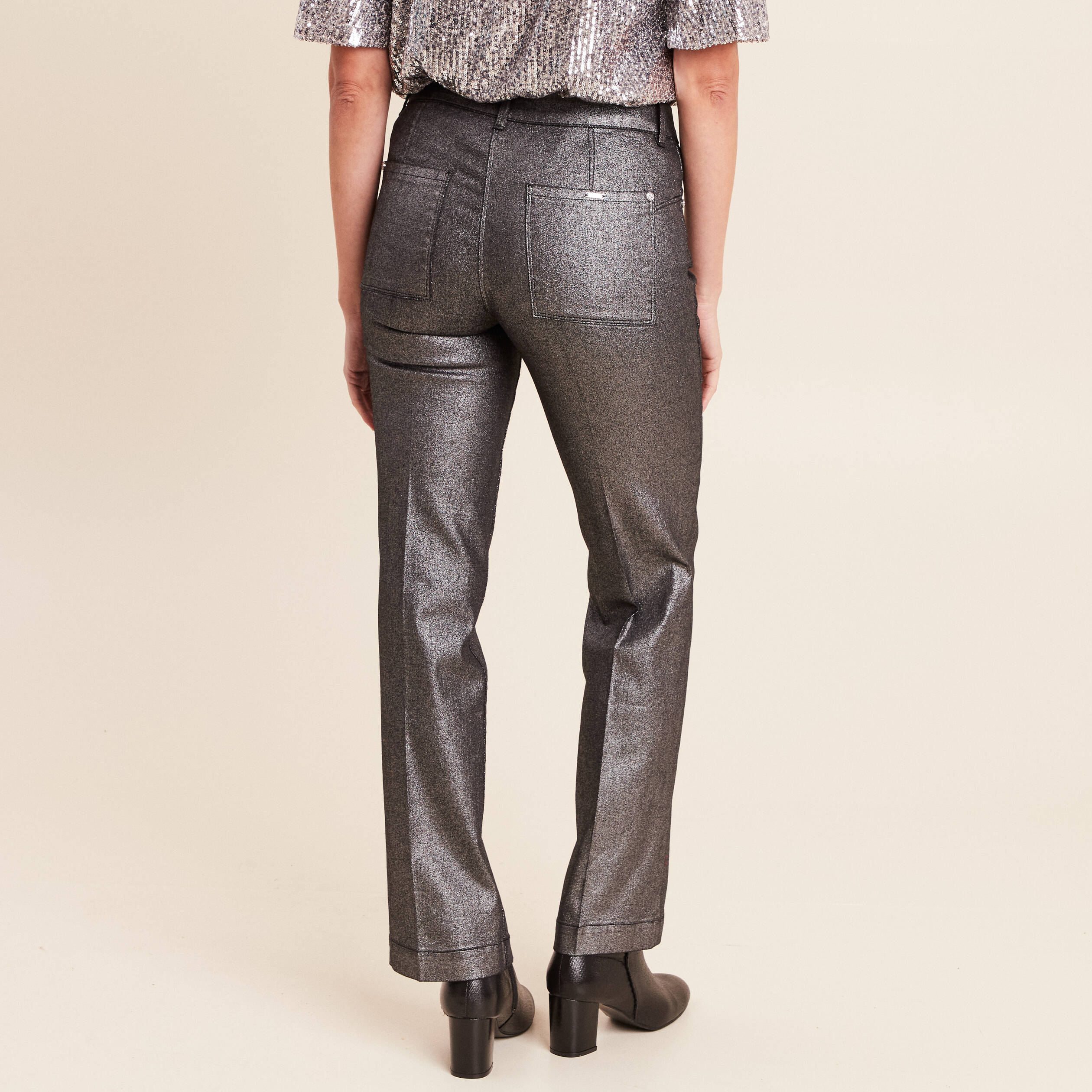 Pantalon enduit coupe large couleur argent femme
