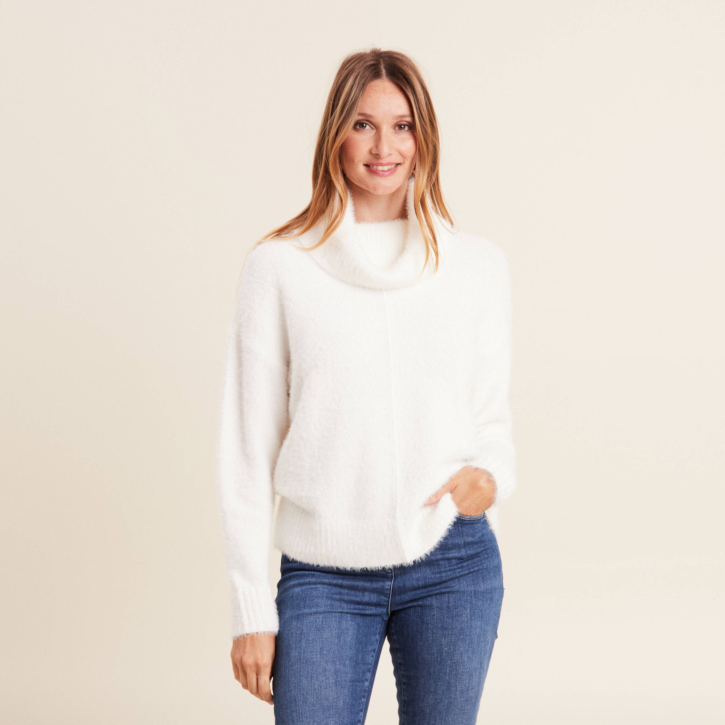 Pull manches longues ecru femme