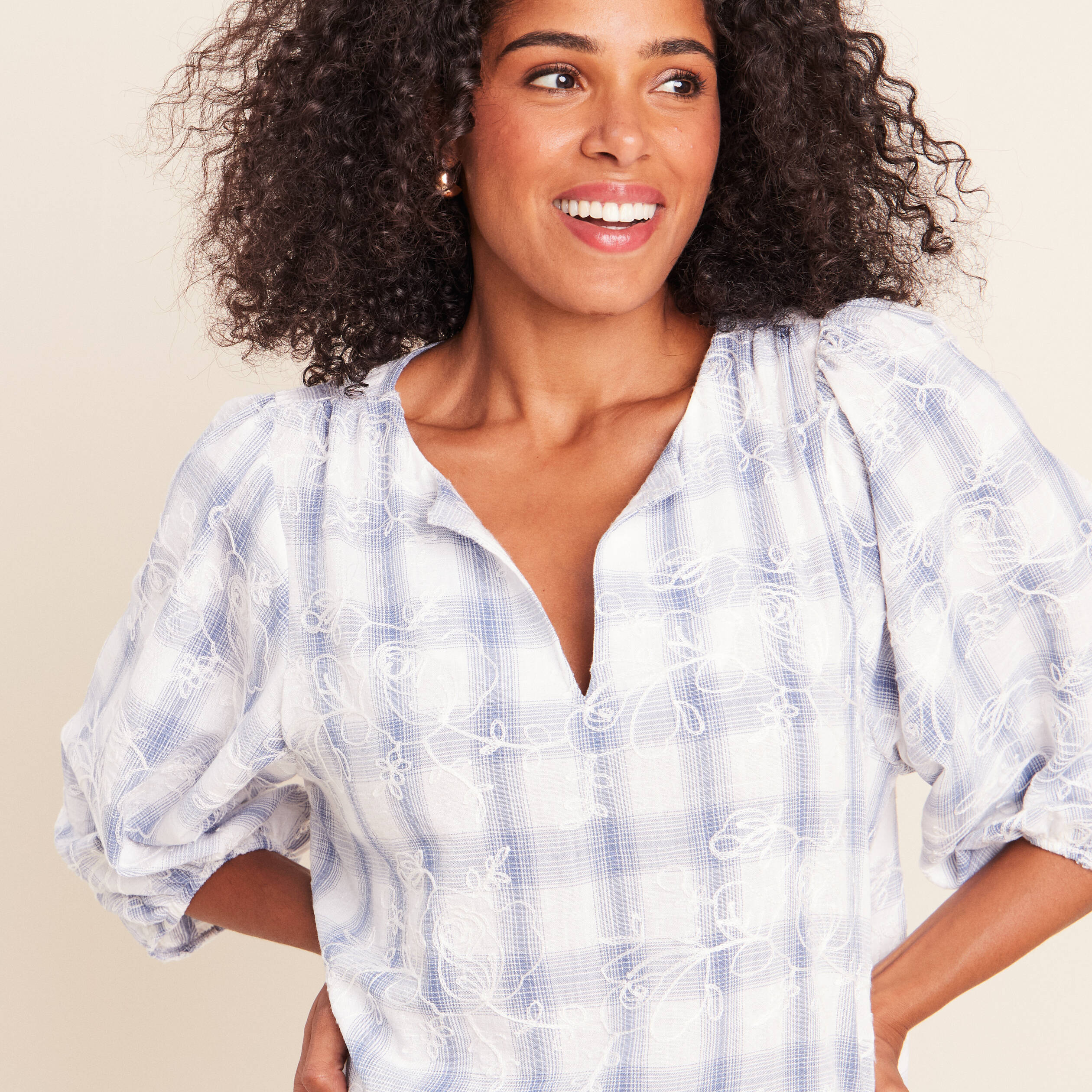 Blouse col tunisien manches 3/4 bleu femme