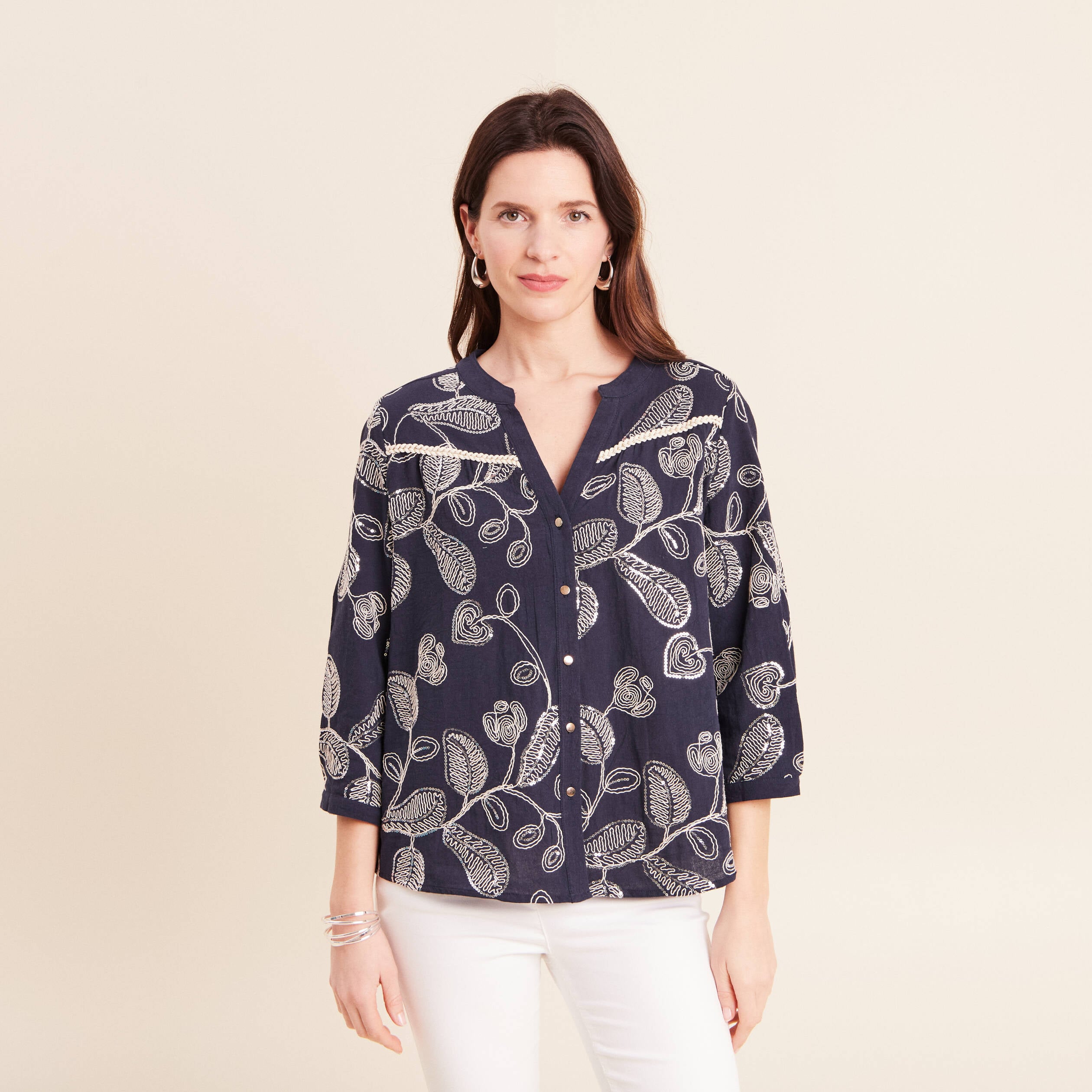Blouse col tunisien manches 3/4 bleu femme