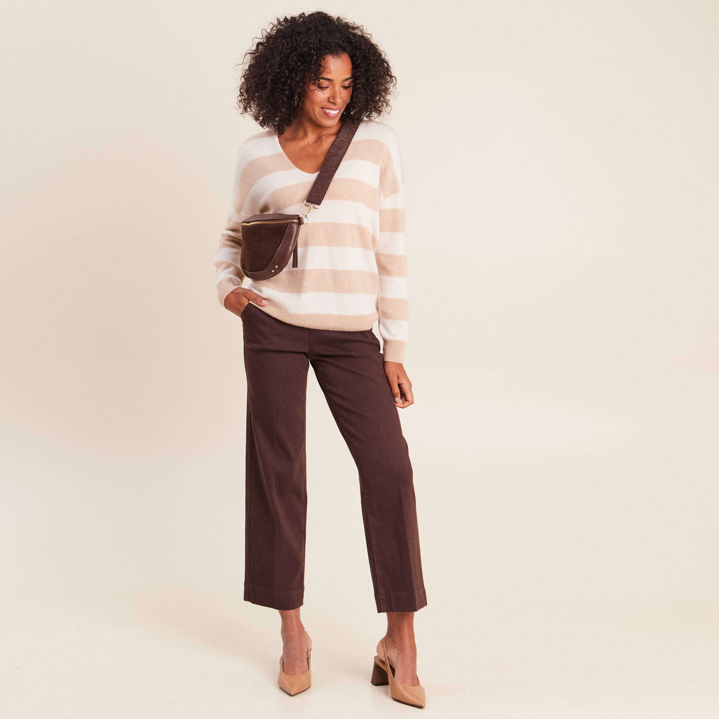 Jean large taille haute &agrave; paillettes marron fonc&eacute; femme