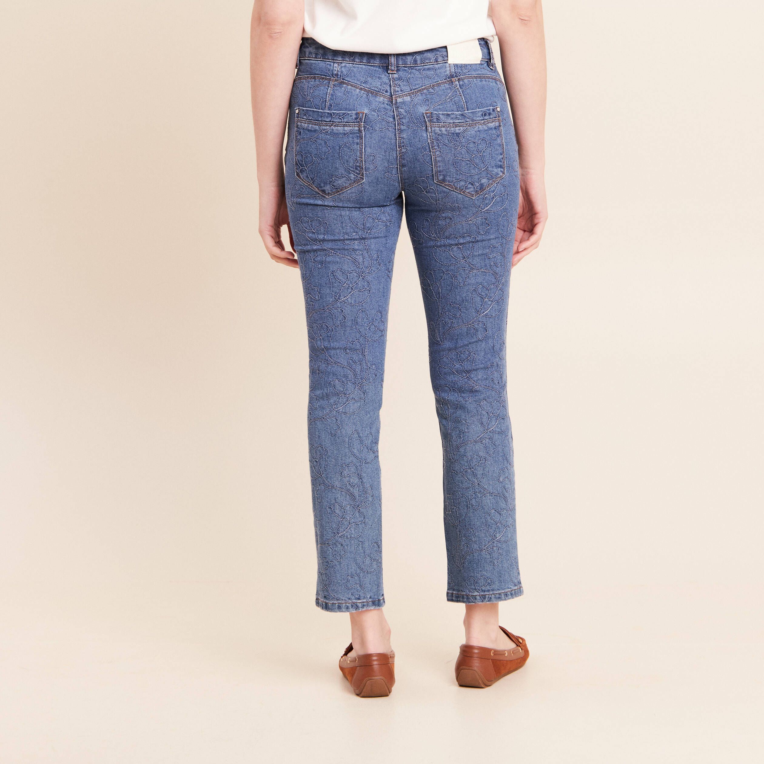 Jean coupe droite 7/8&egrave;me taille bascul&eacute;e bleu femme