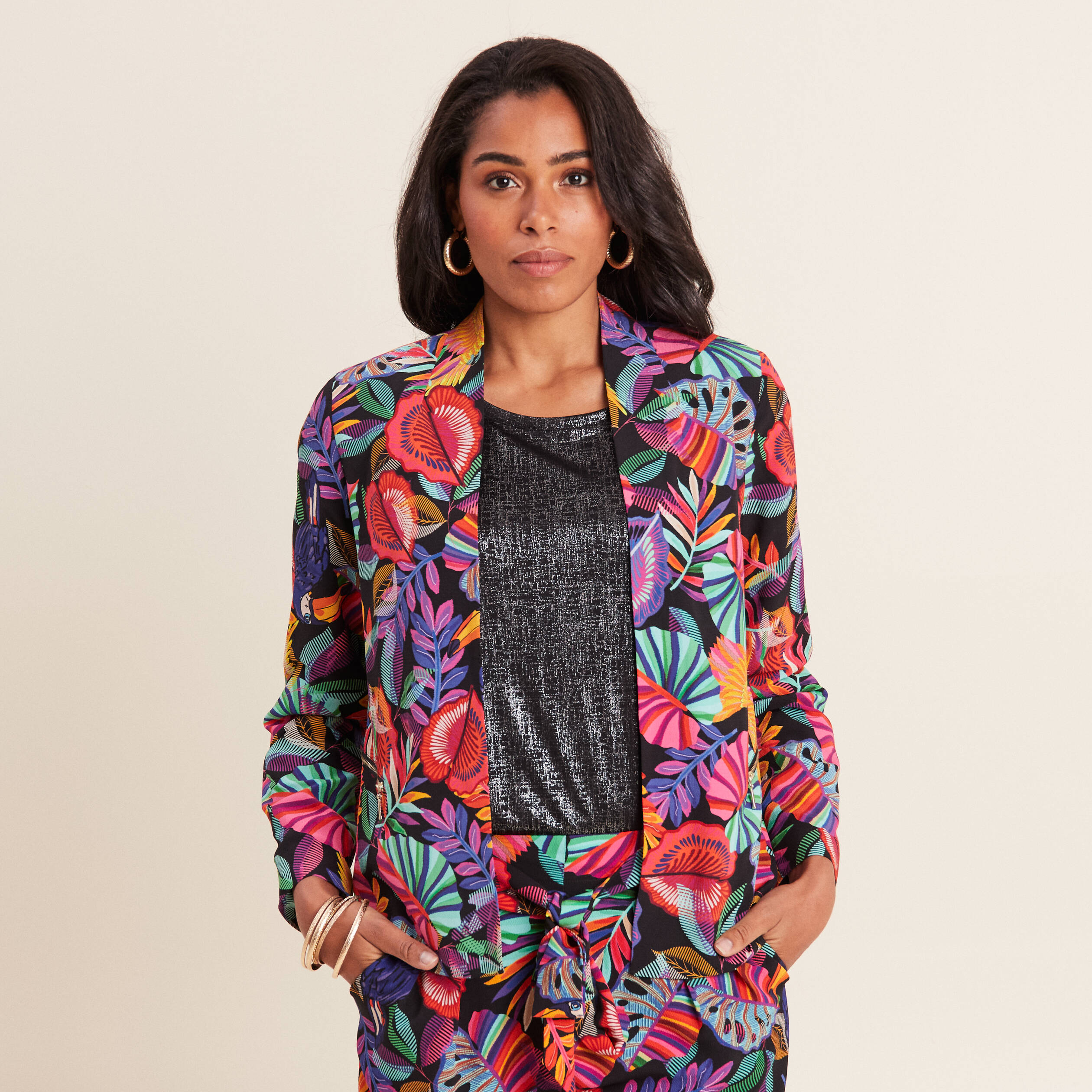 veste droite col chale multicolore femme Veste droite col châle multicolore femme