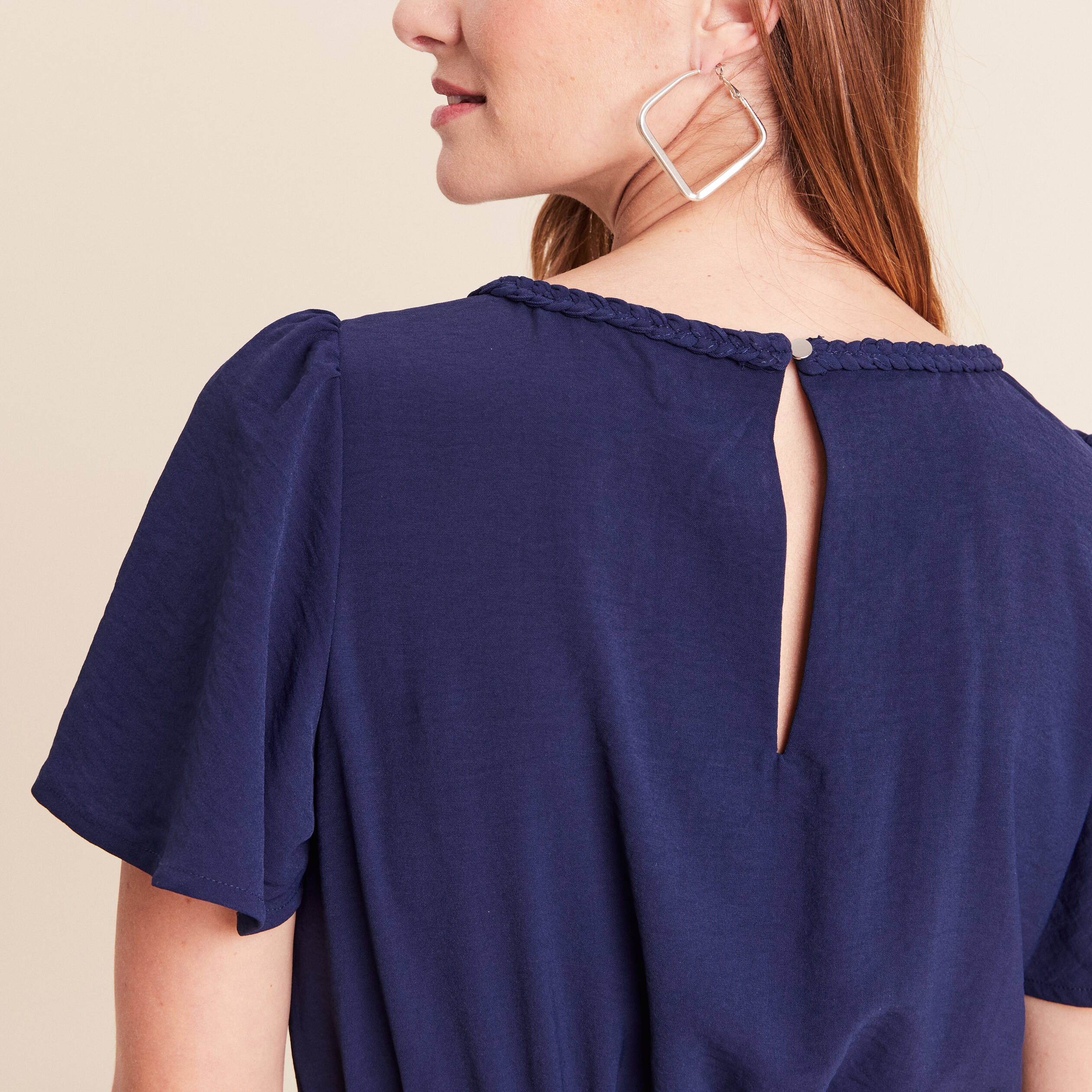 Combinaison large col v manches courtes bleu marine femme