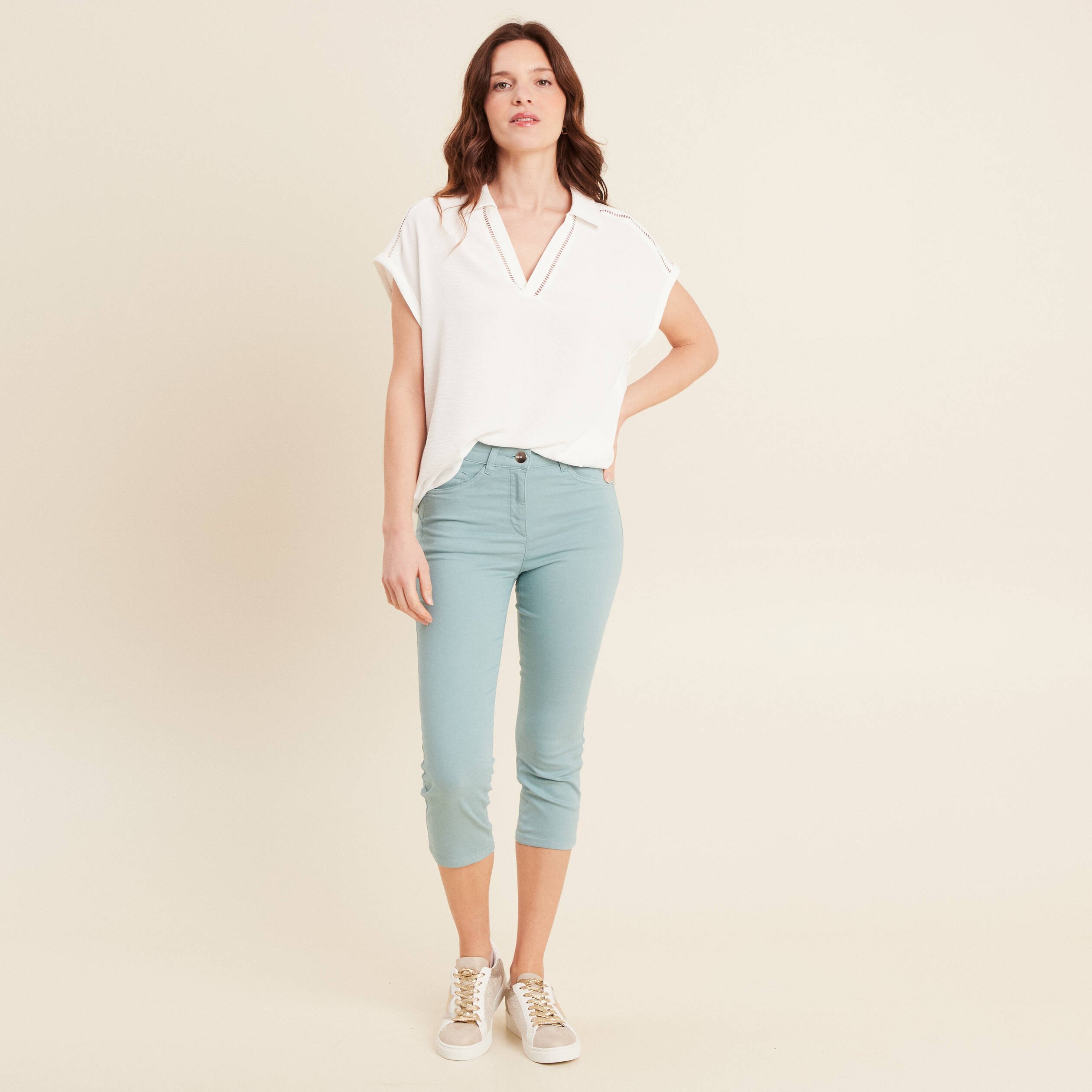 pantacourt droit taille standard bleu canard femme Pantacourt droit taille standard bleu canard femme