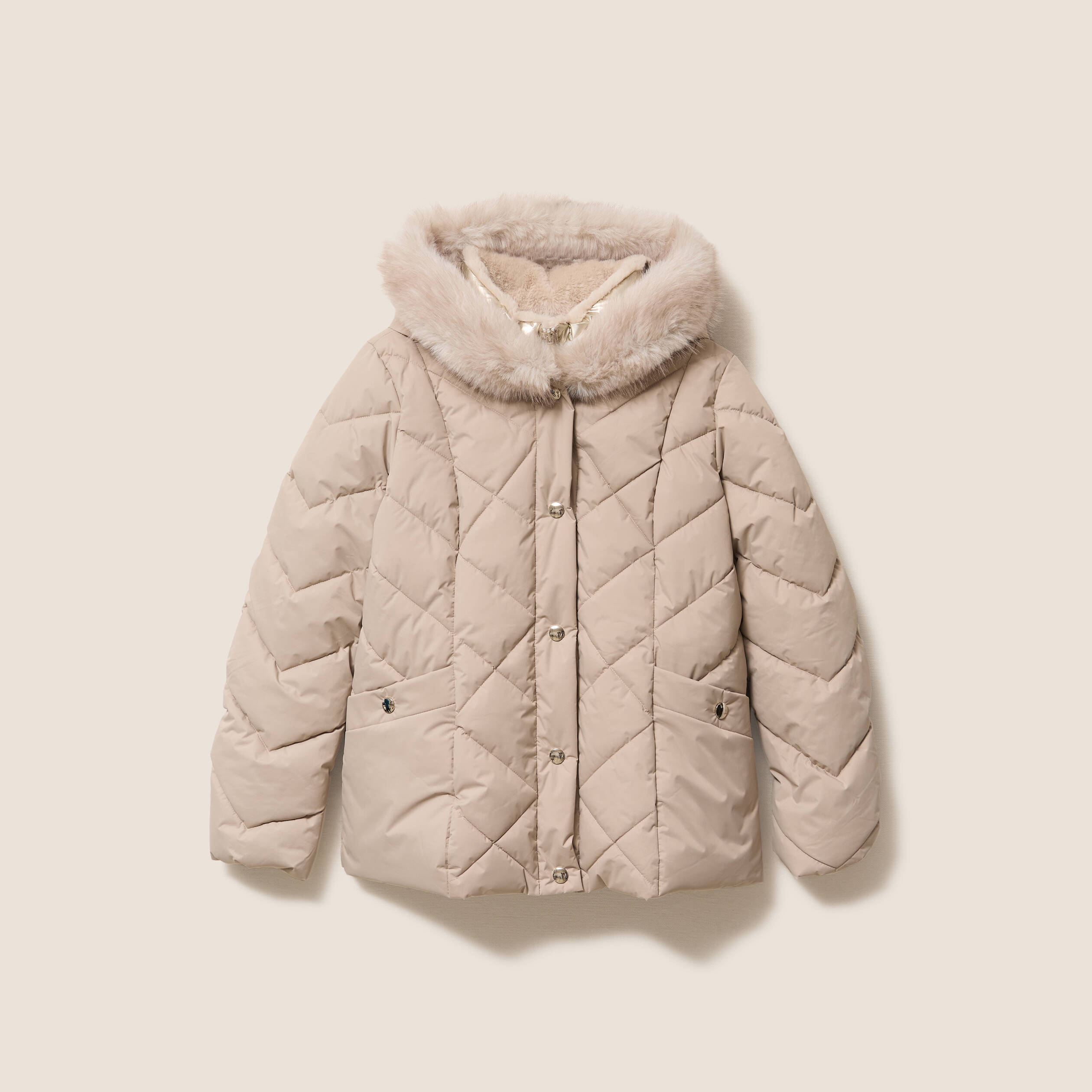 Doudoune ajust&eacute;e &agrave; capuche doubl&eacute;e beige femme